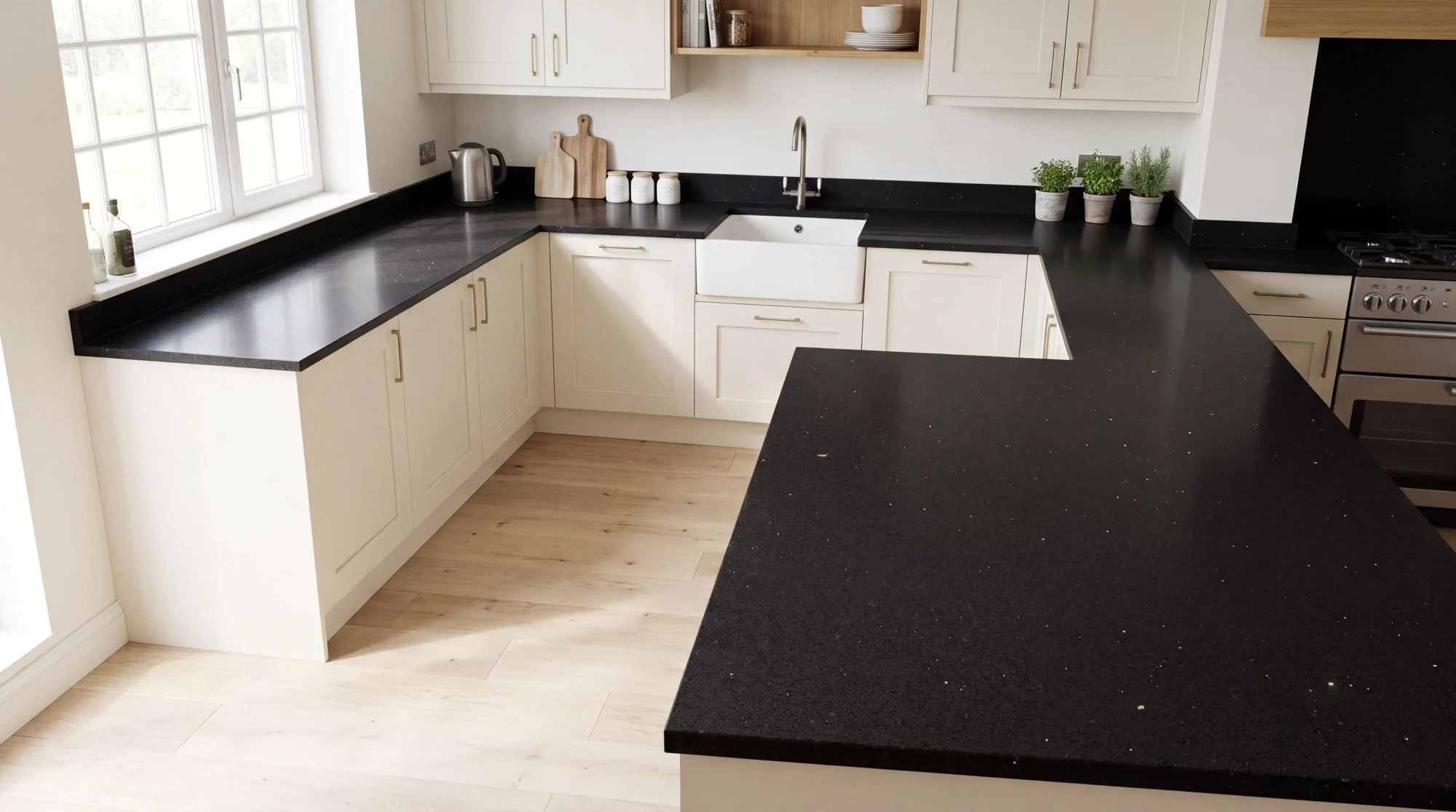 Stellar Noir u-shaped kitchen, AI-generated design concept