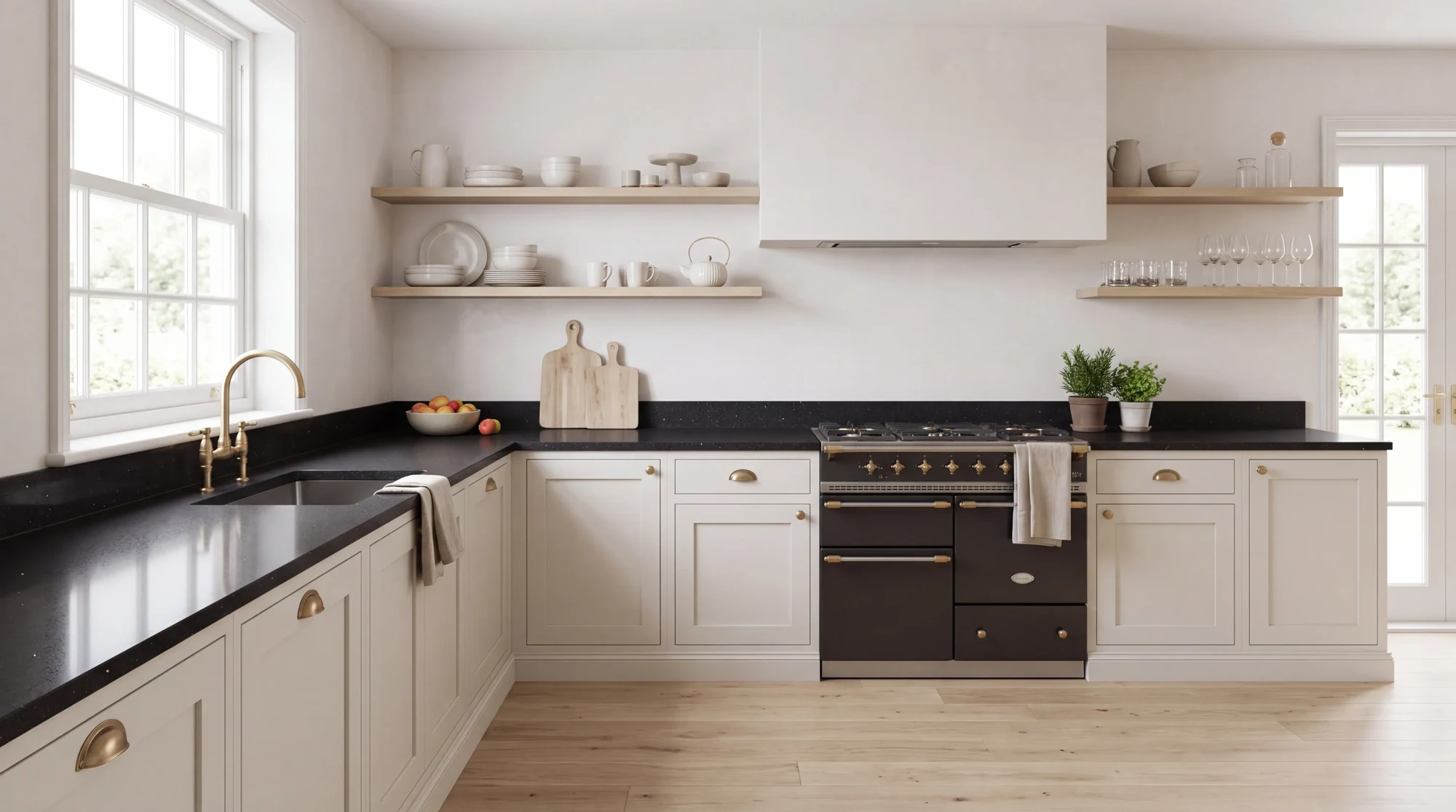 Stellar Noir l-shaped kitchen, AI-generated design concept