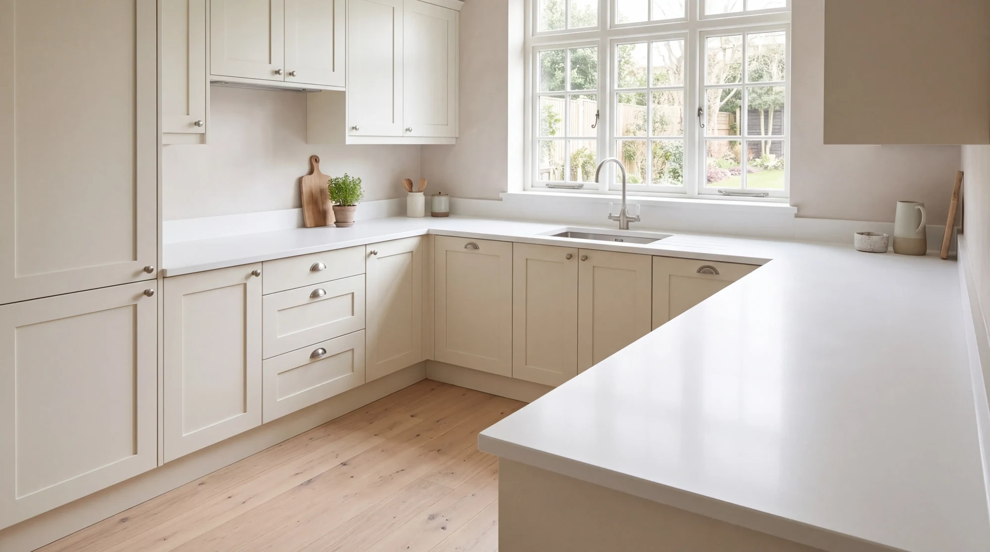 Pure White u-shaped kitchen, AI-generated design concept
