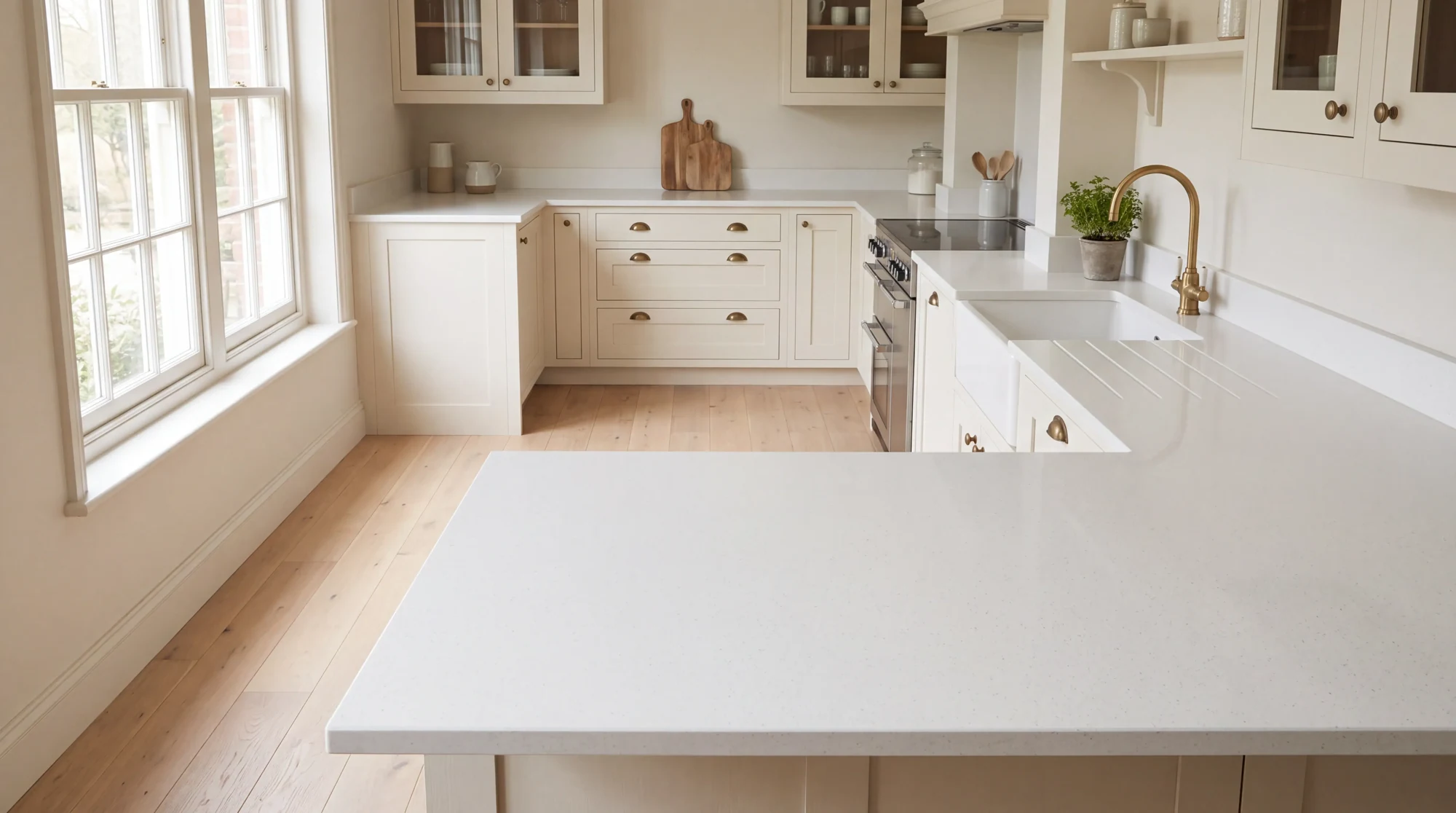 Ice Snow u-shaped kitchen, AI-generated design concept
