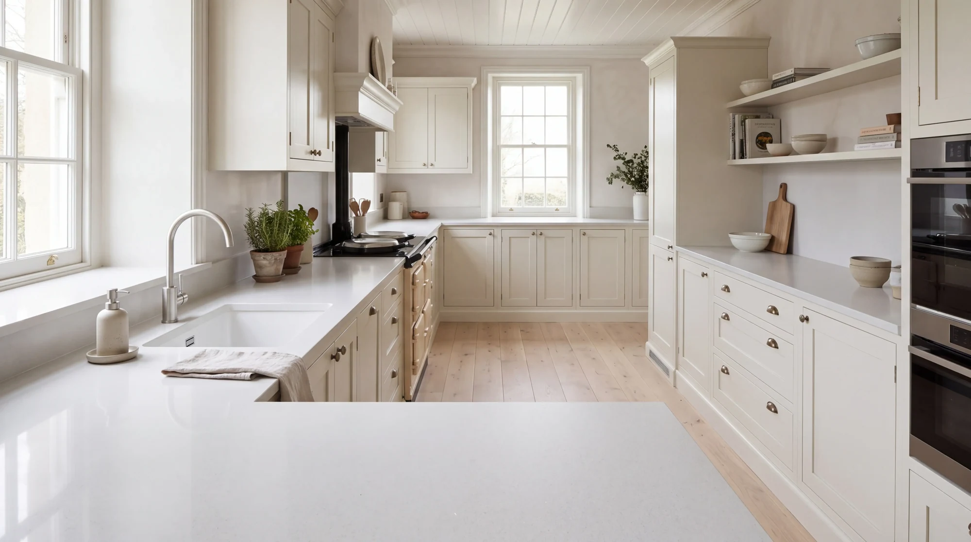 Ice Shimmer u-shaped kitchen, AI-generated design concept