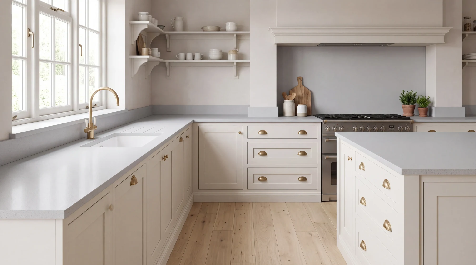 Ice Shimmer l-shaped kitchen, AI-generated design concept