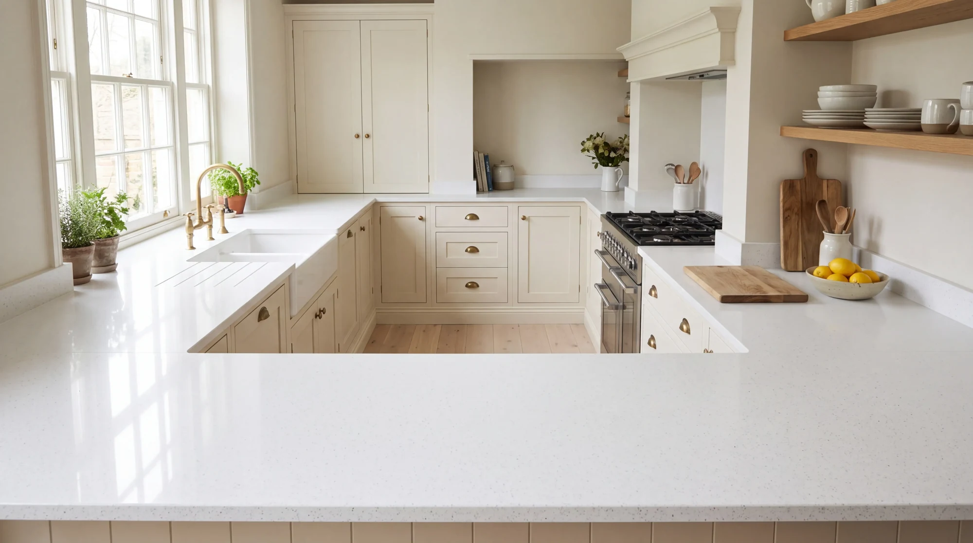 Snow White u-shaped kitchen, AI-generated design concept