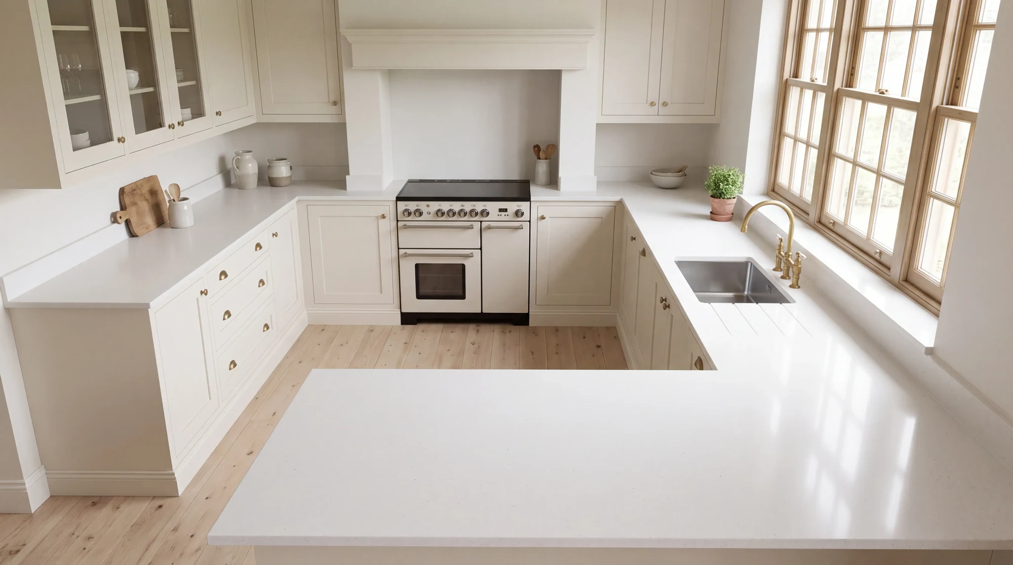 Ice Branco u-shaped kitchen, AI-generated design concept