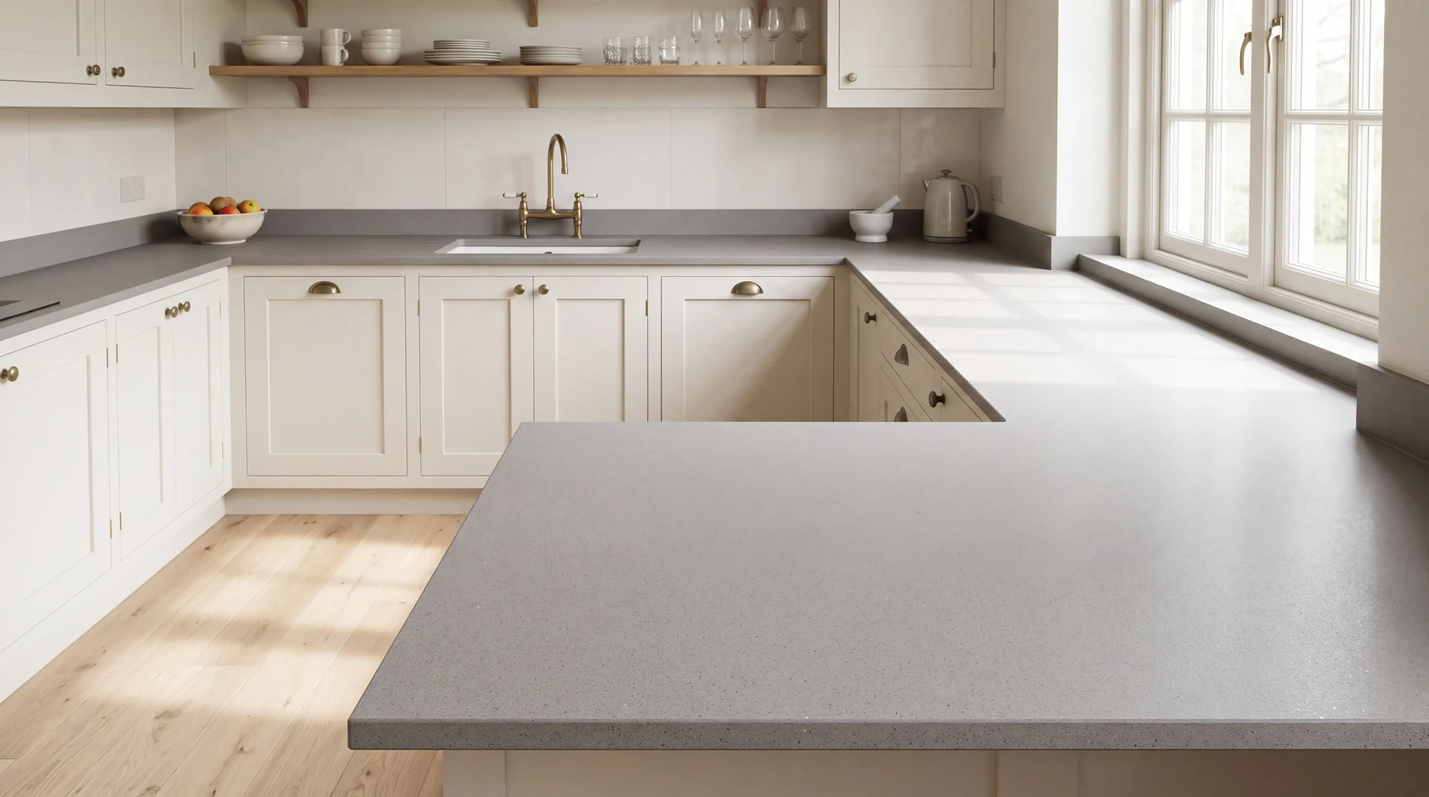 Ice Gris u-shaped kitchen, AI-generated design concept