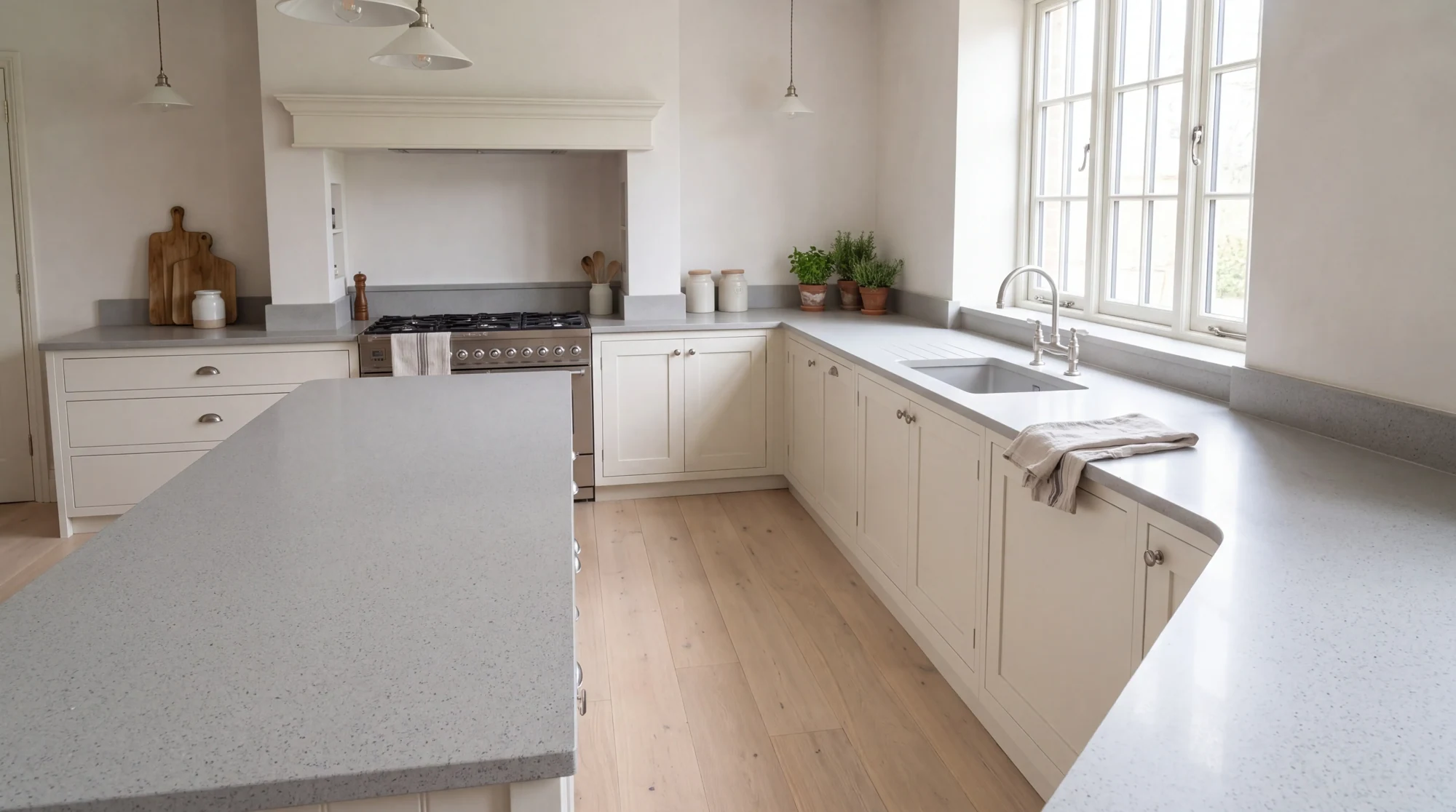 Ice Grigio u-shaped kitchen, AI-generated design concept