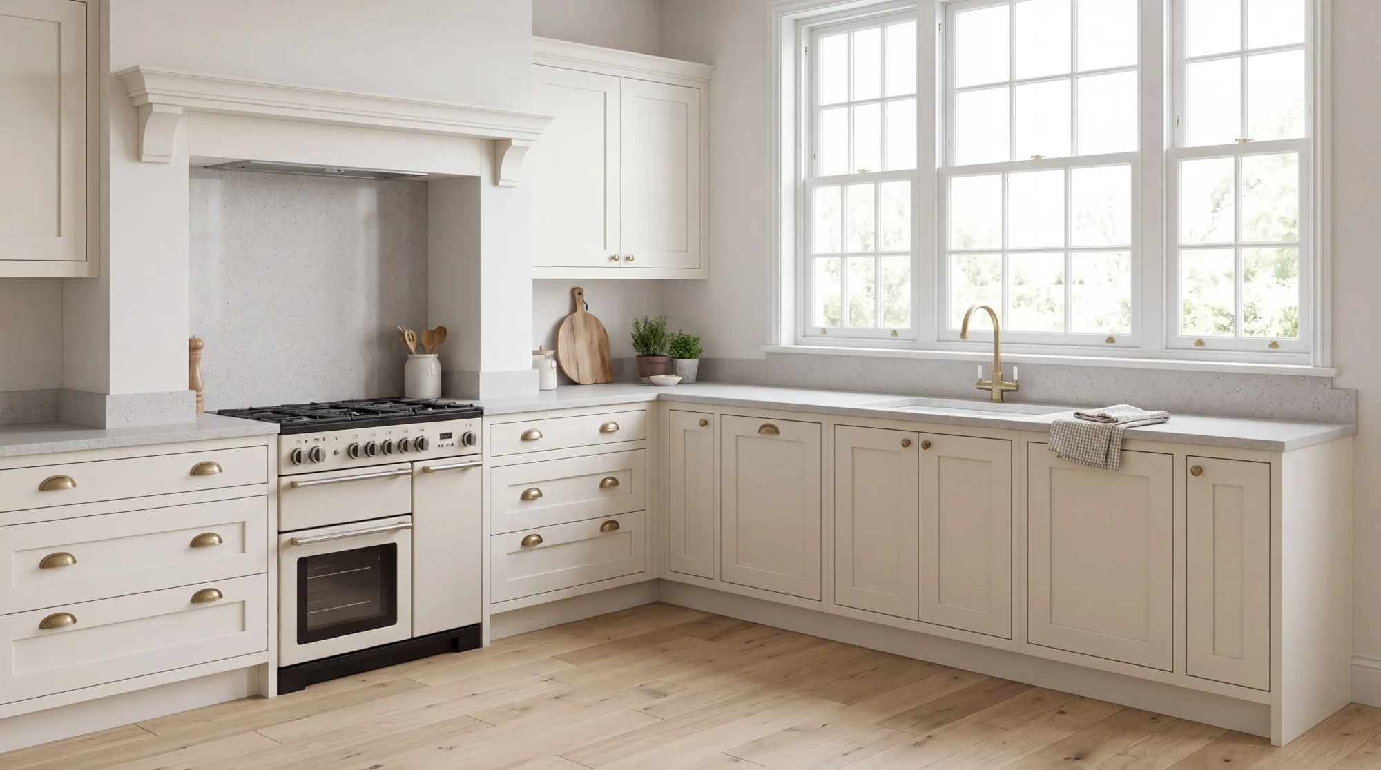 Ice Grigio l-shaped kitchen, AI-generated design concept