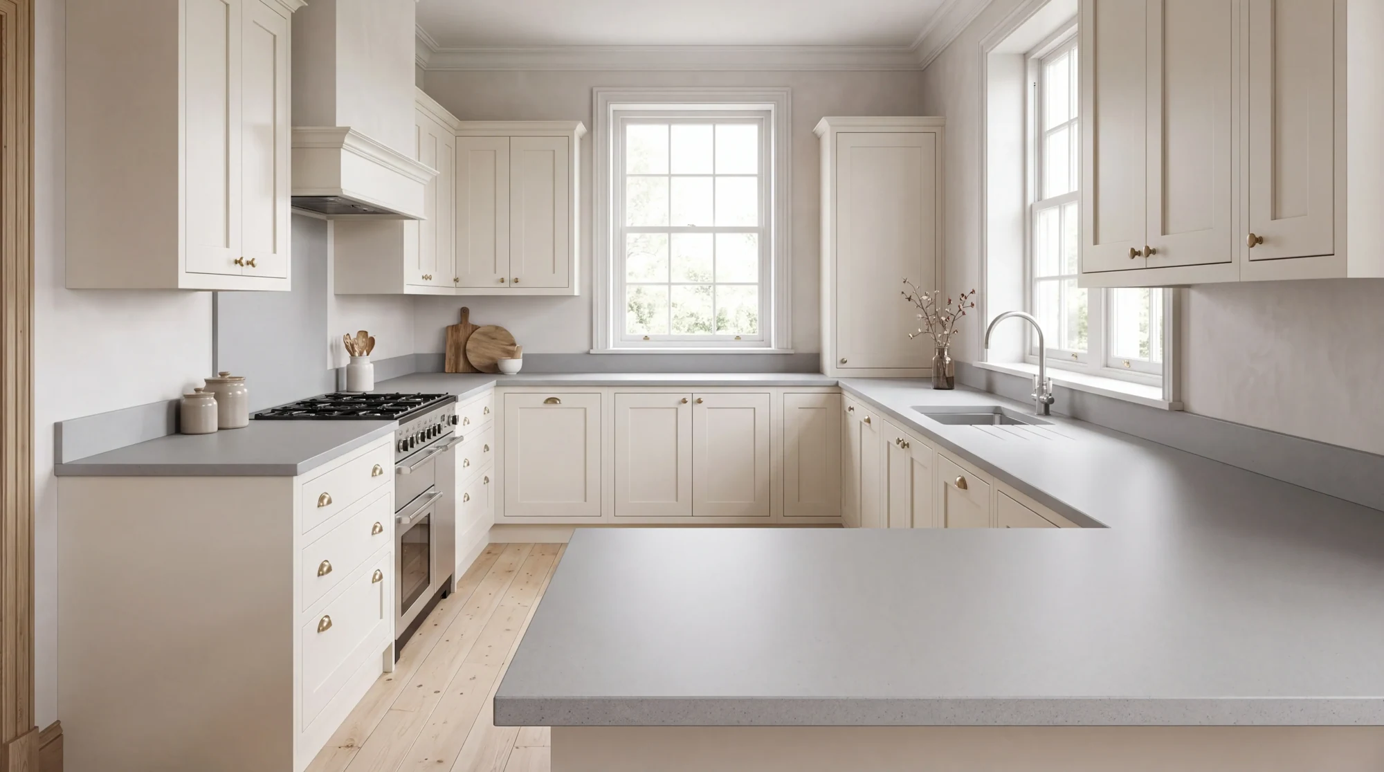 Plain Light Grey u-shaped kitchen, AI-generated design concept