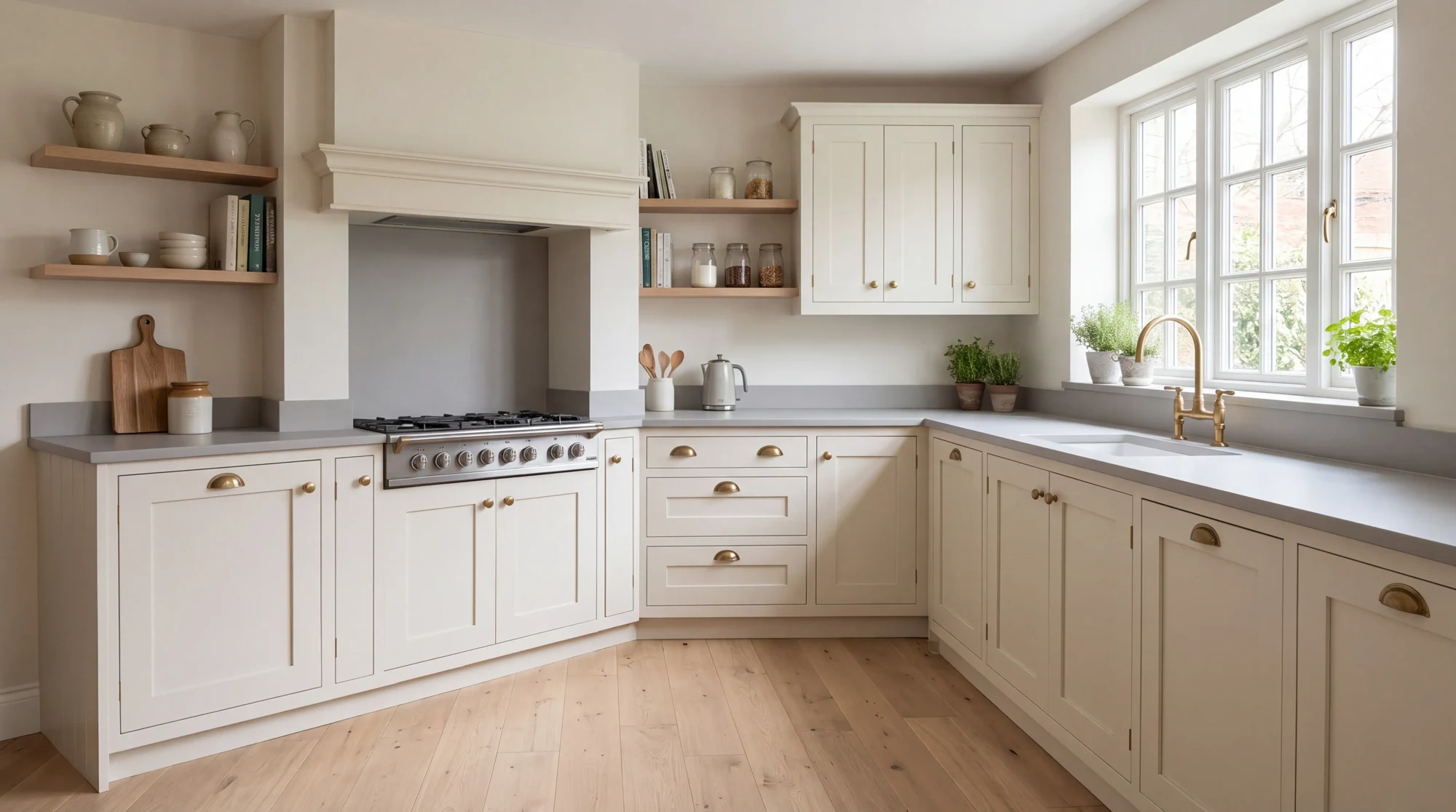 Plain Light Grey l-shaped kitchen, AI-generated design concept