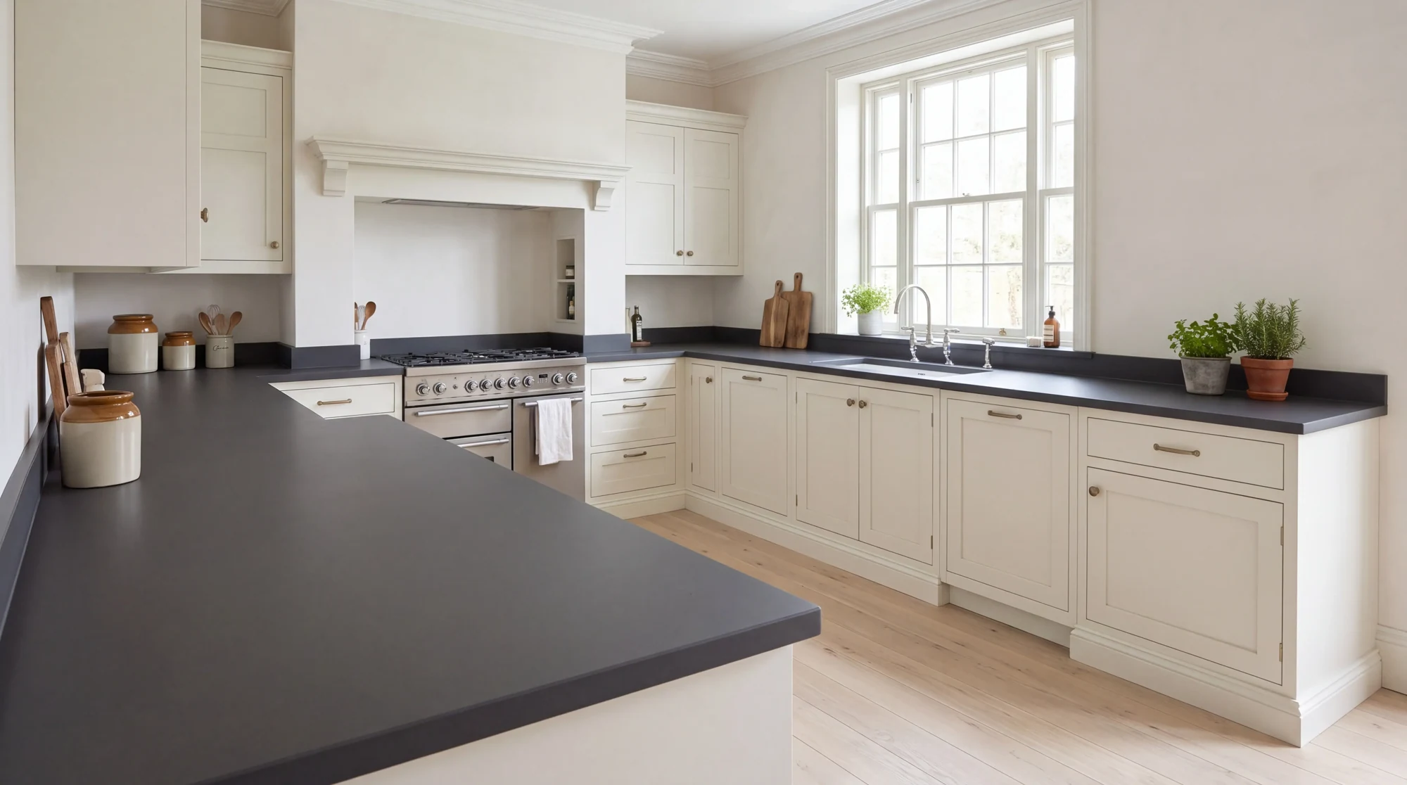 Plain Dark Grey u-shaped kitchen, AI-generated design concept