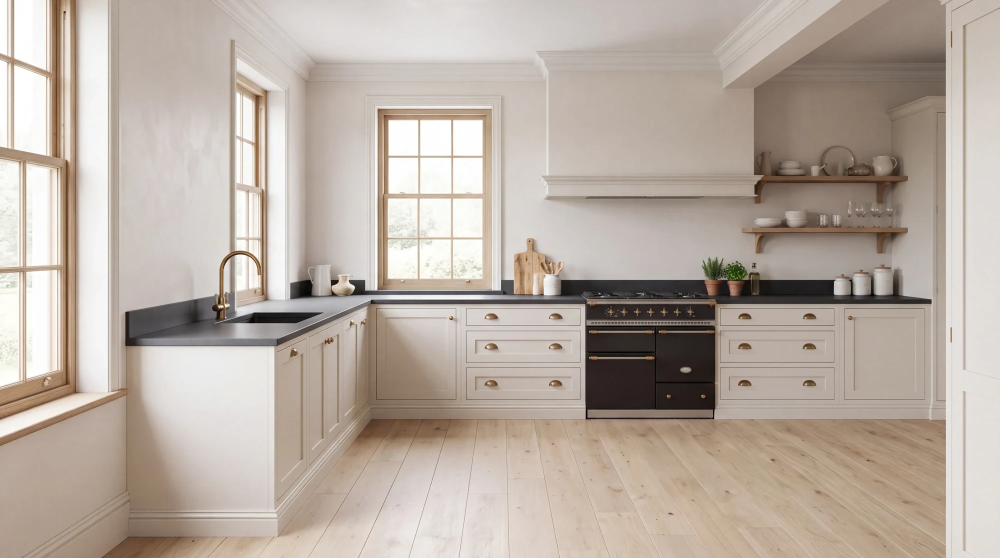 Plain Dark Grey l-shaped kitchen, AI-generated design concept