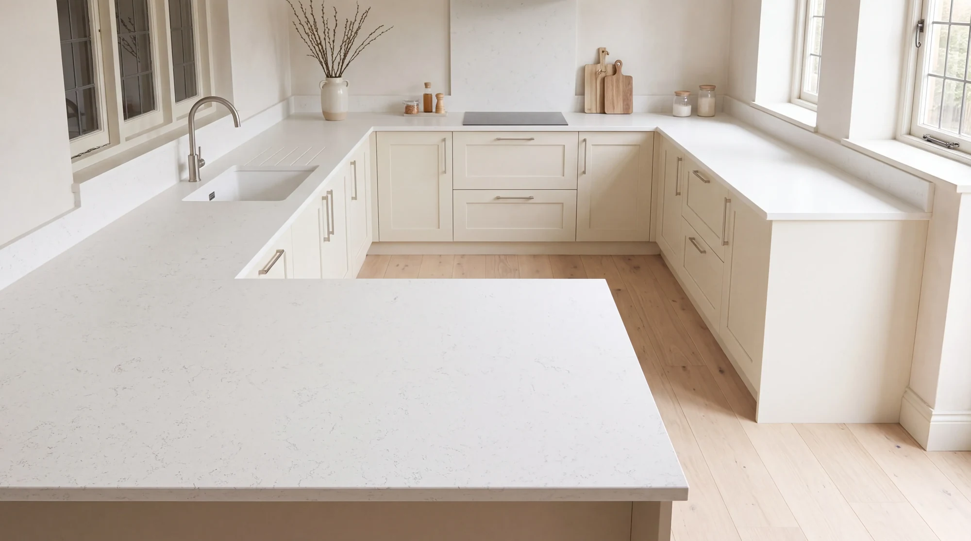Bianco Carrara Leather u-shaped kitchen, AI-generated design concept