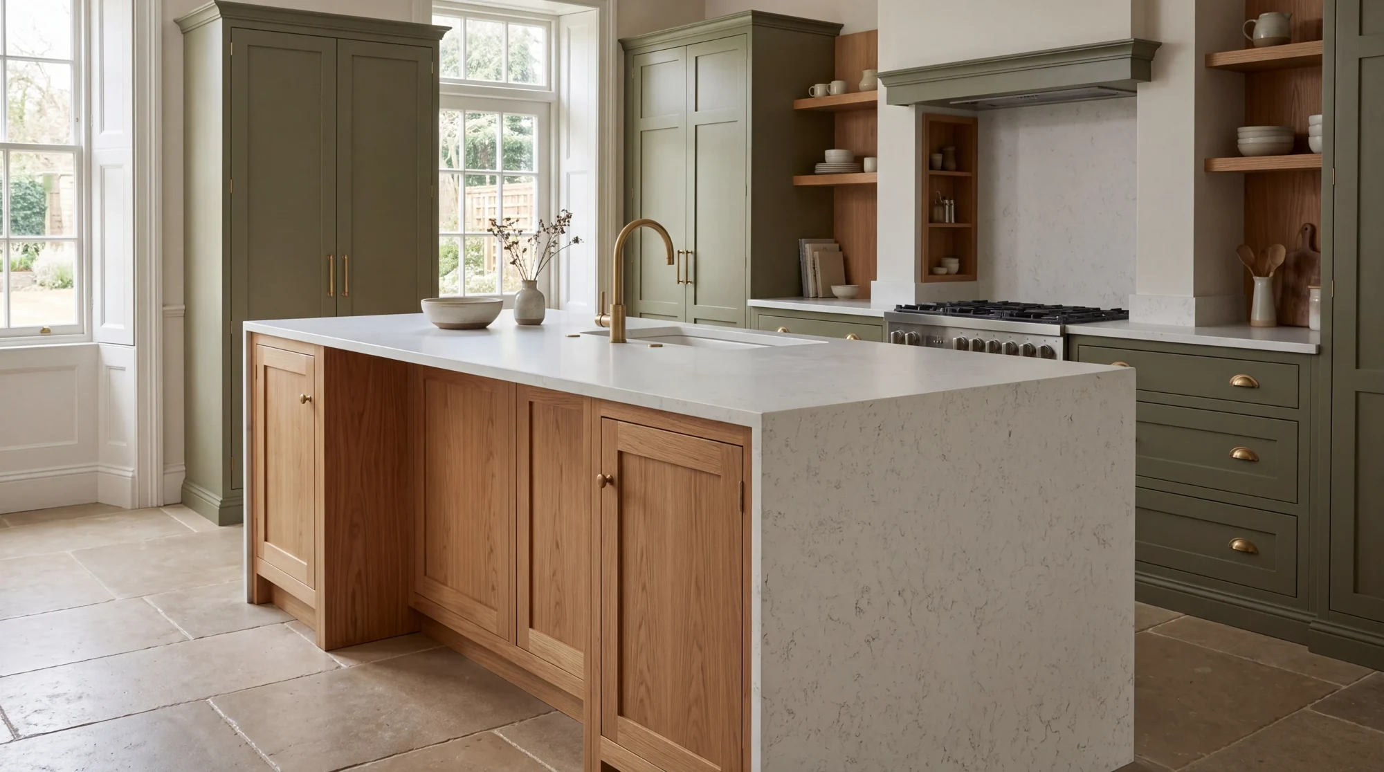 Bianco Carrara Leather kitchen island, AI-generated design concept