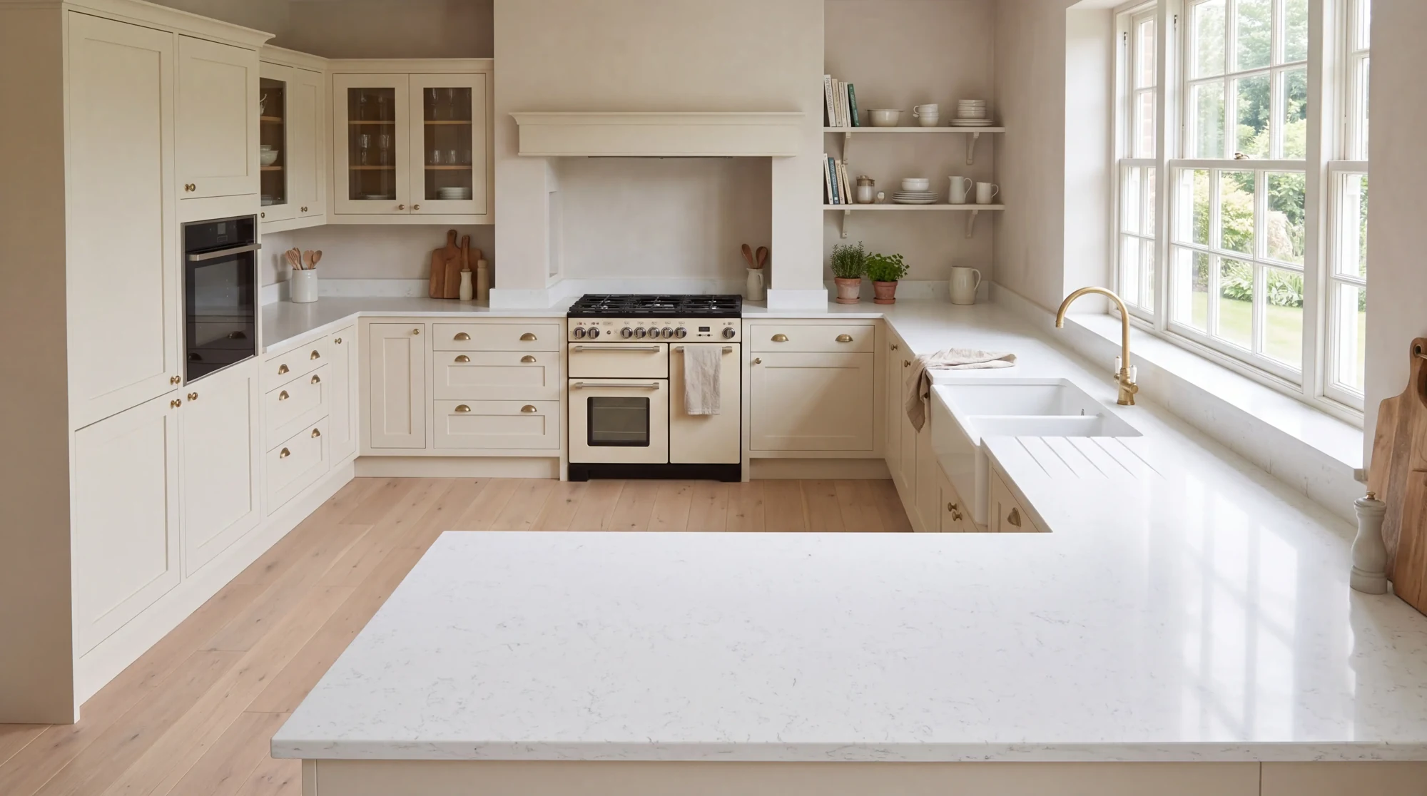 Bianco Carrara u-shaped kitchen, AI-generated design concept