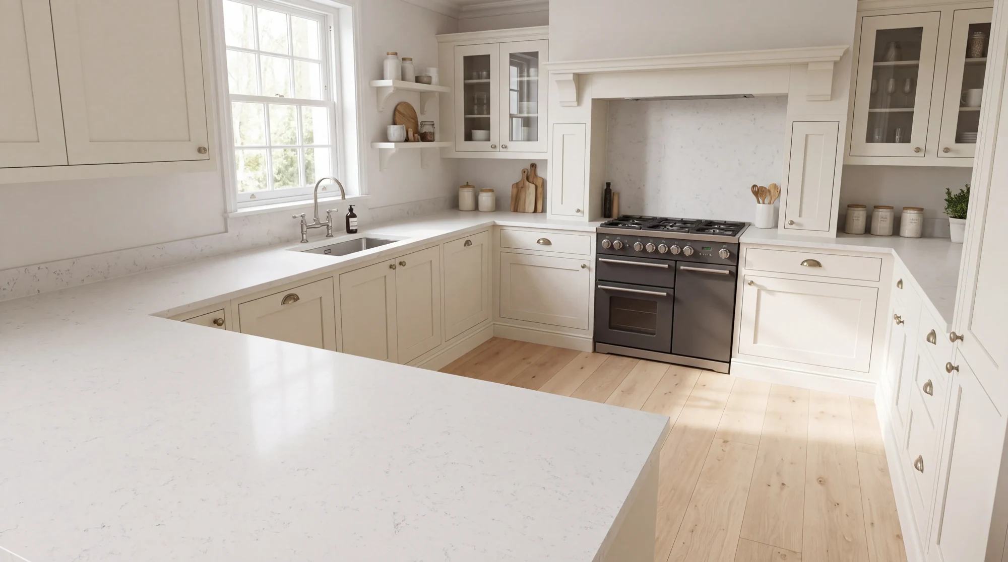 Carrara Venatino u-shaped kitchen, AI-generated design concept