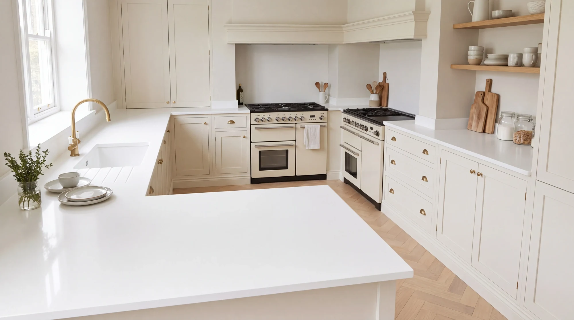 Super White u-shaped kitchen, AI-generated design concept