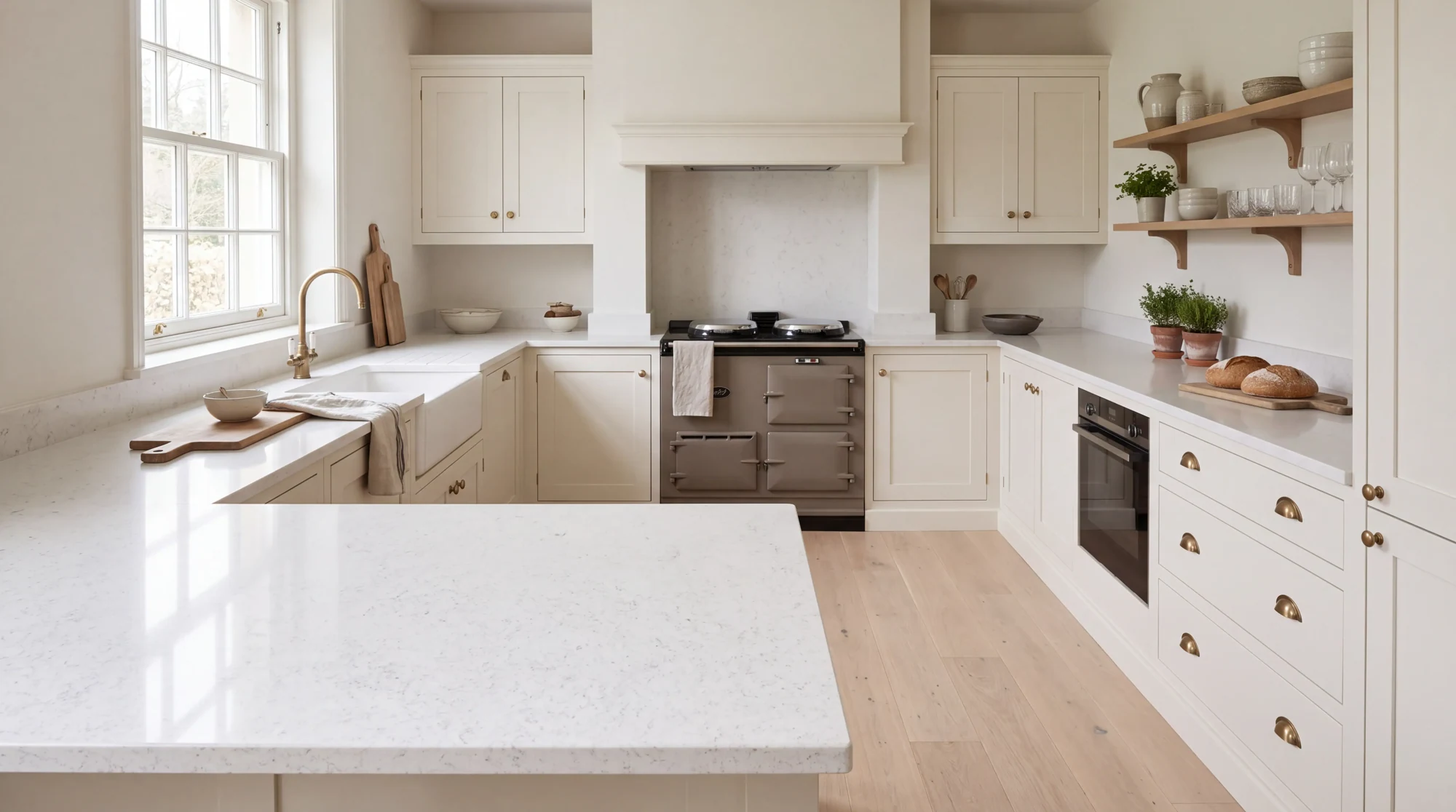 Carrara Shimmer u-shaped kitchen, AI-generated design concept