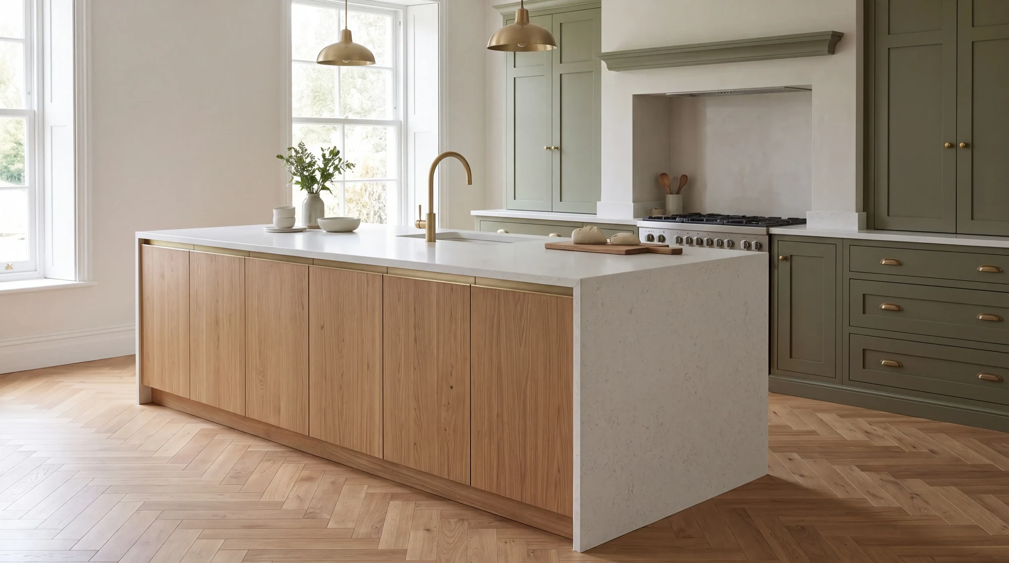 Carrara Shimmer kitchen island, AI-generated design concept