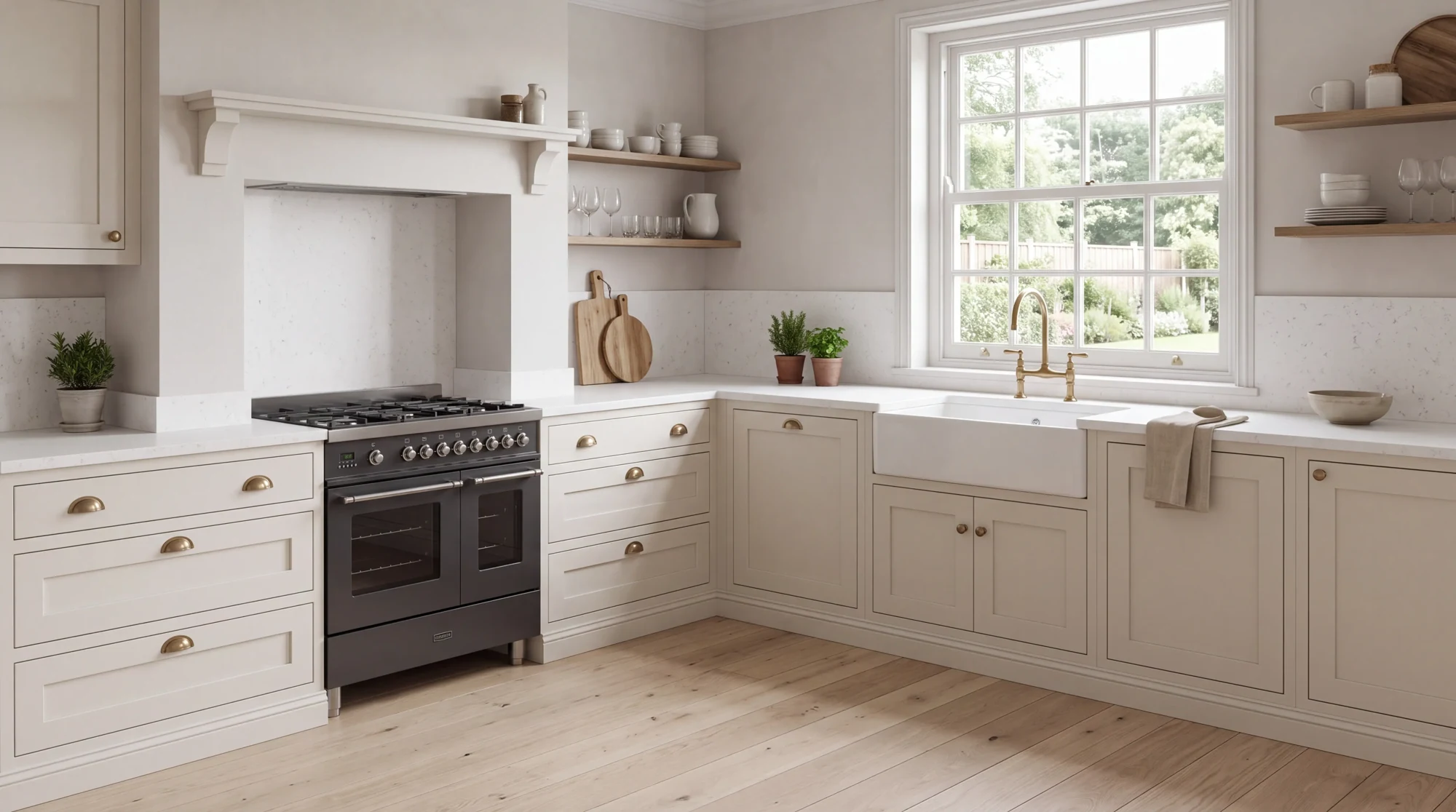 Carrara Shimmer l-shaped kitchen, AI-generated design concept