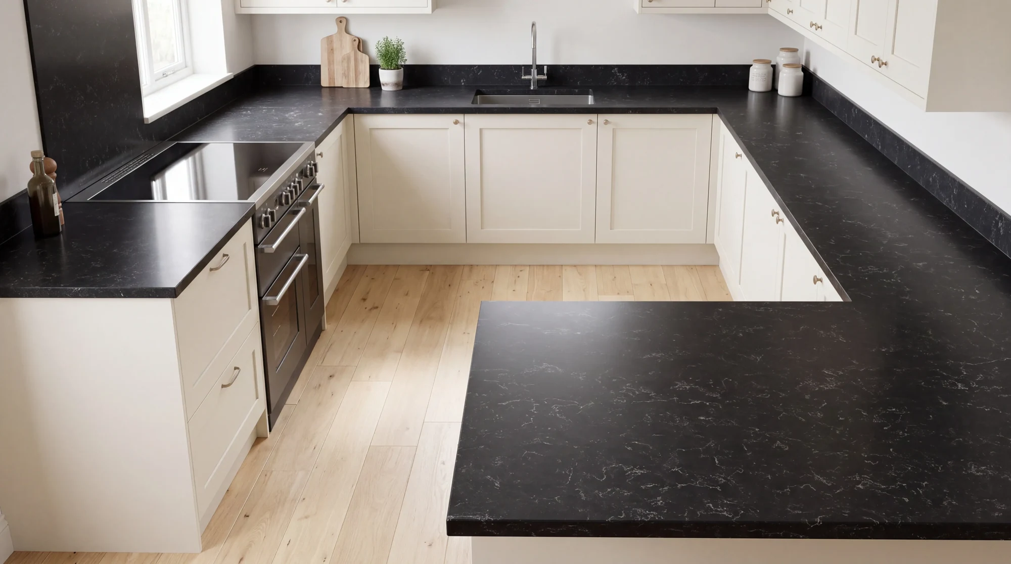 Carrara Noir u-shaped kitchen, AI-generated design concept