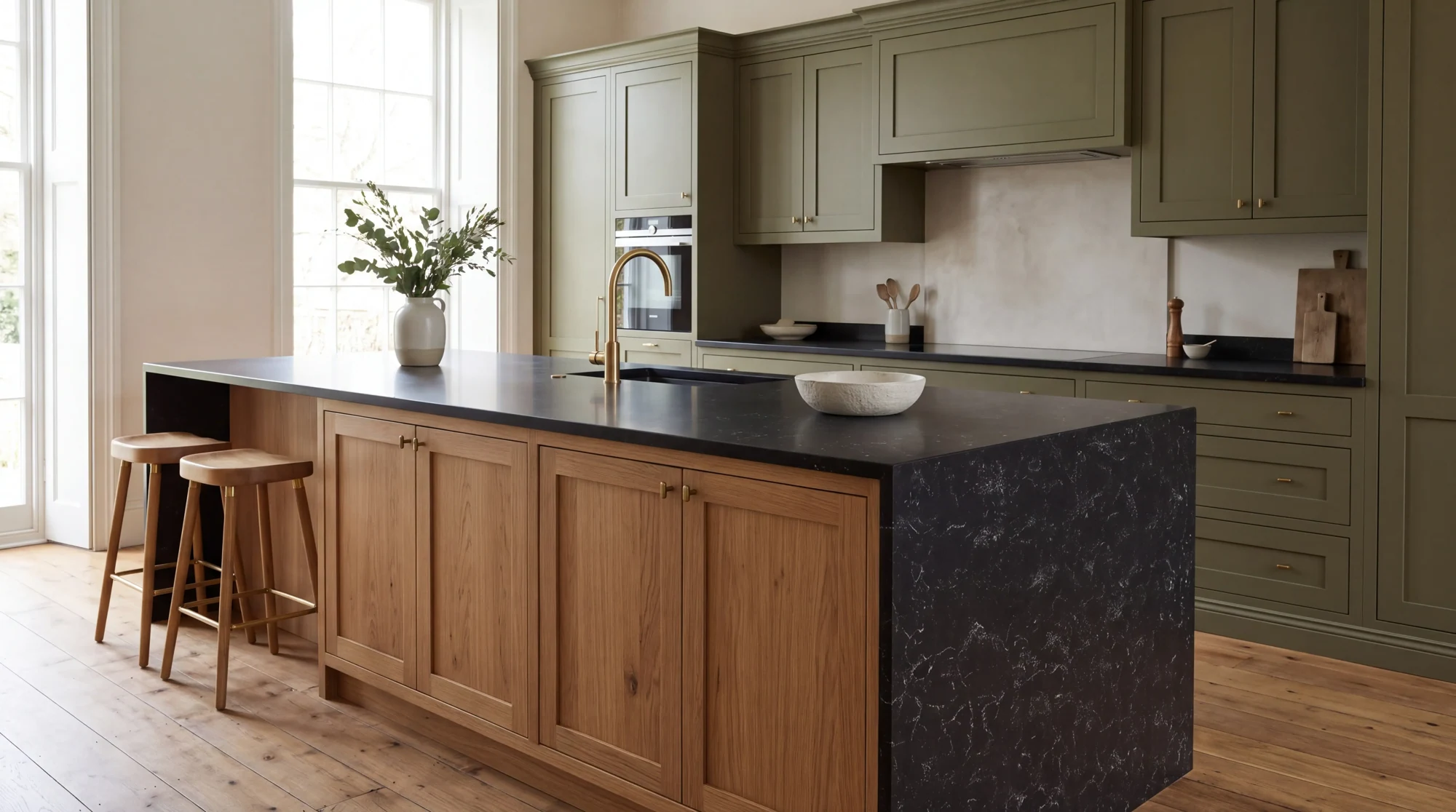 Carrara Noir kitchen island, AI-generated design concept