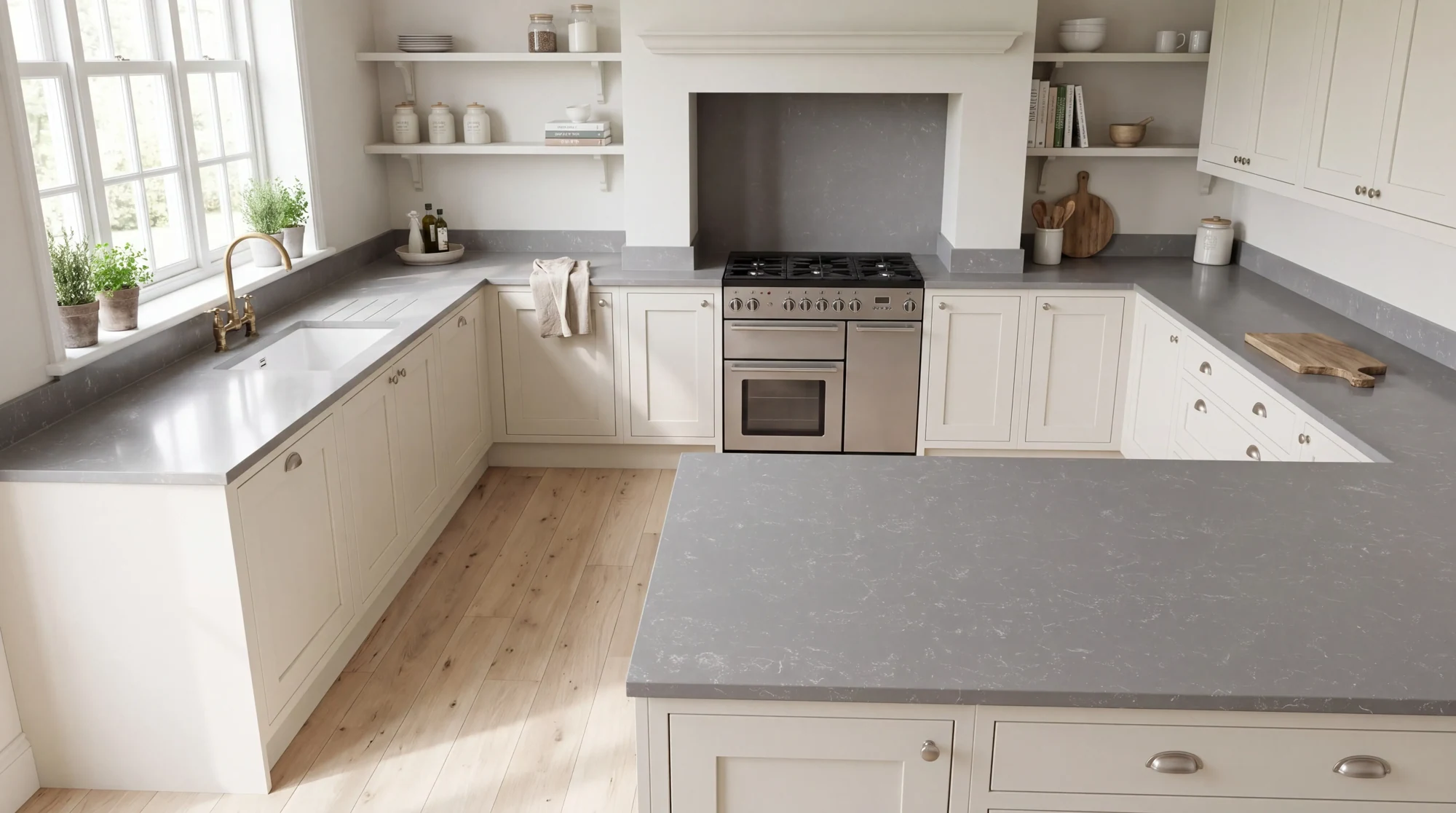 Carrara Silver u-shaped kitchen, AI-generated design concept
