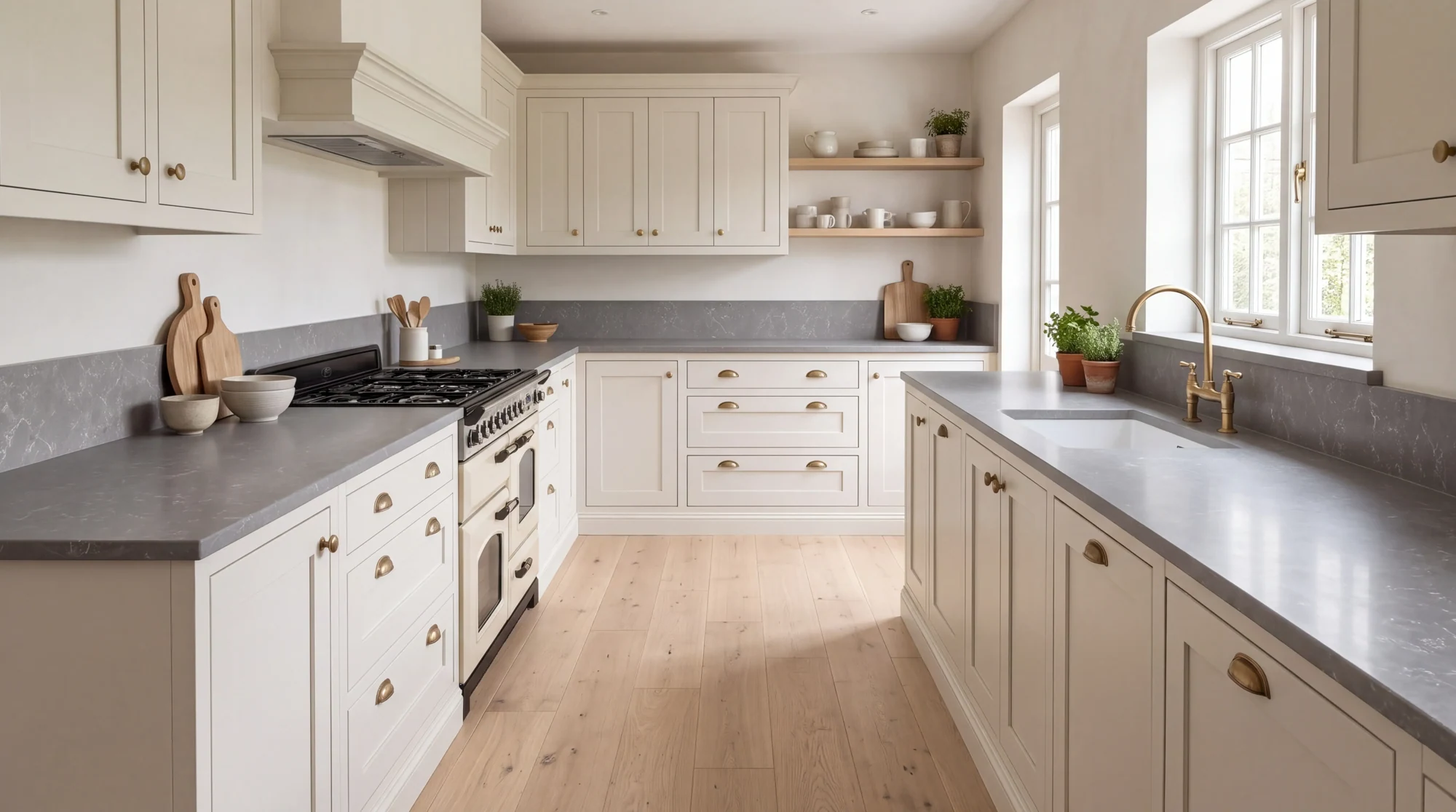 Carrara Silver l-shaped kitchen, AI-generated design concept