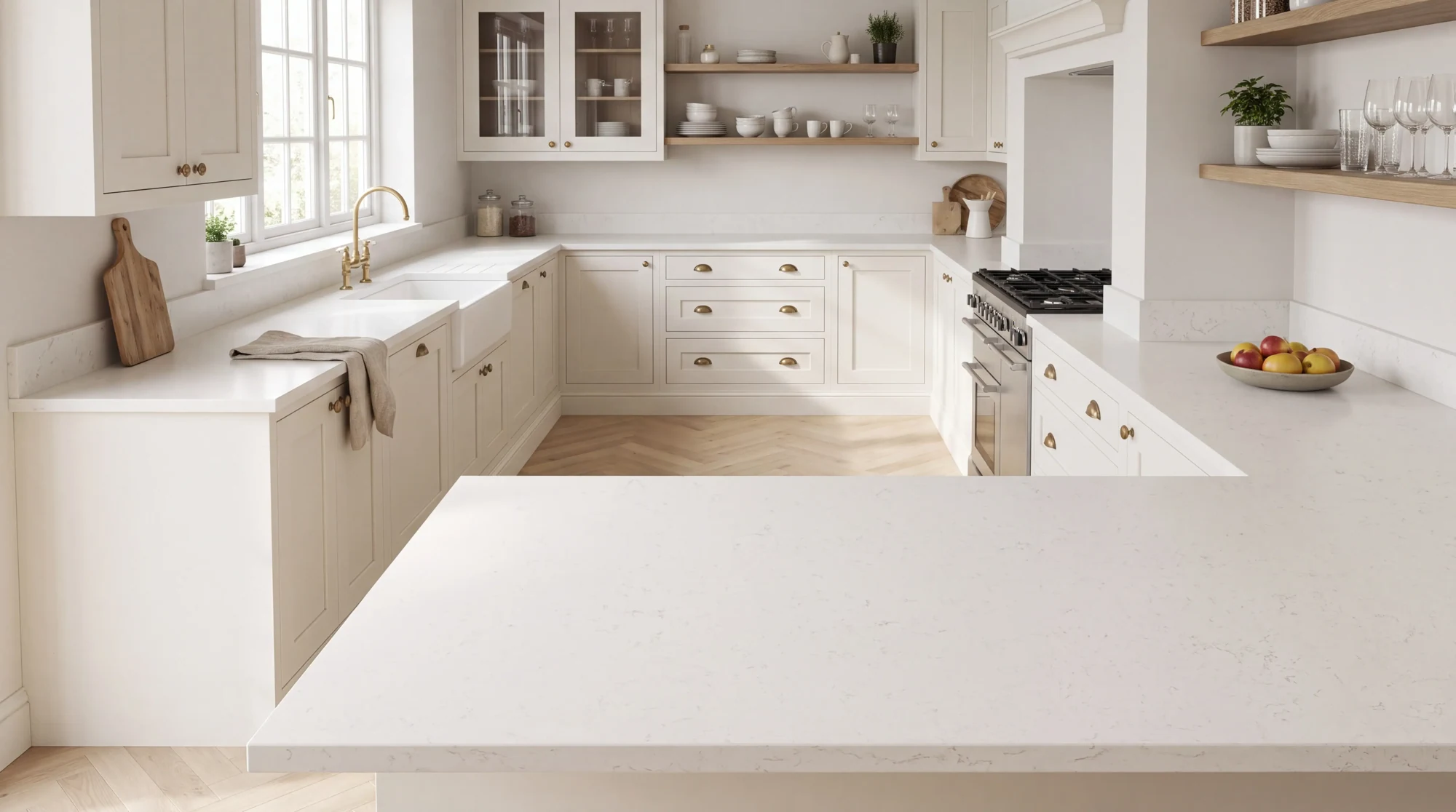 Carrara Oro u-shaped kitchen, AI-generated design concept