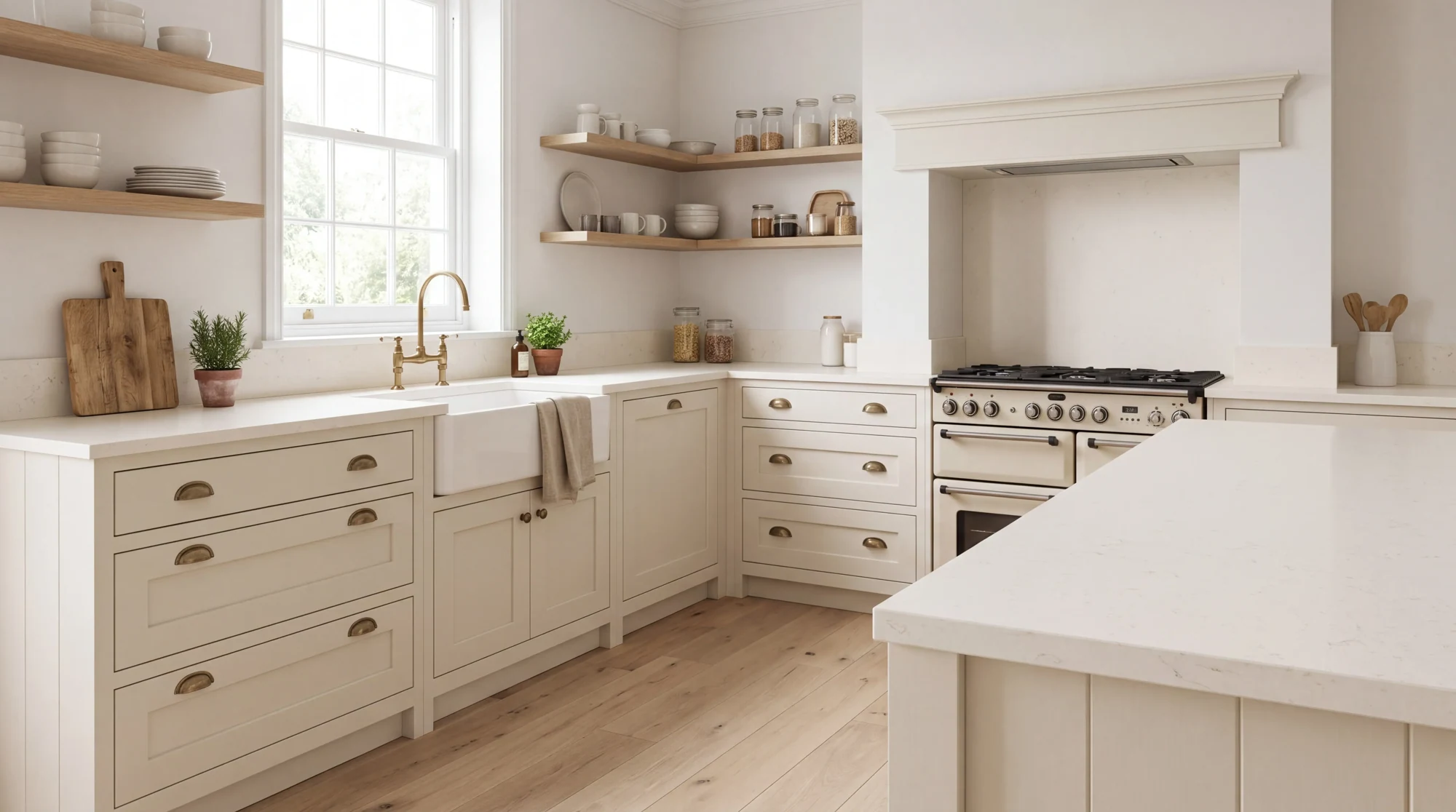 Carrara Oro l-shaped kitchen, AI-generated design concept