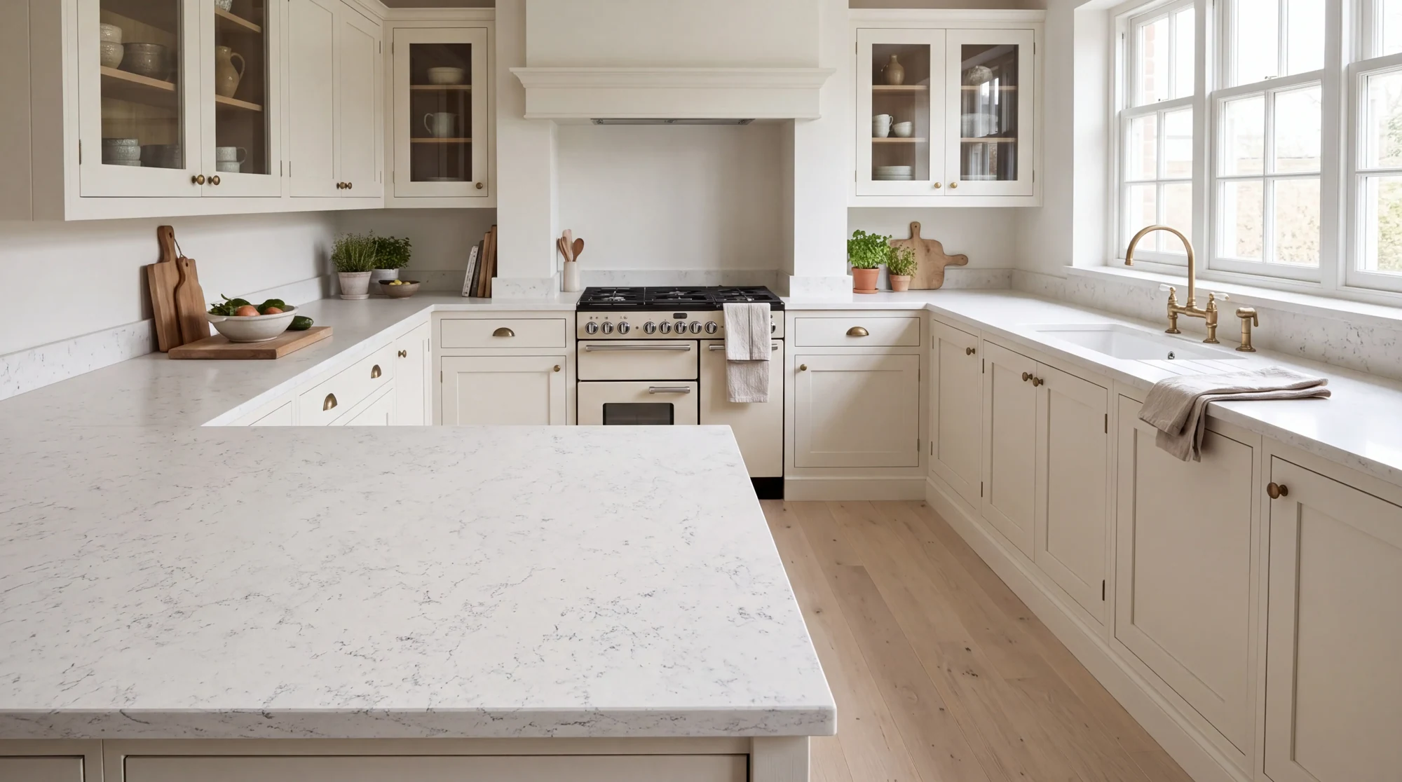 Carrara Massa u-shaped kitchen, AI-generated design concept
