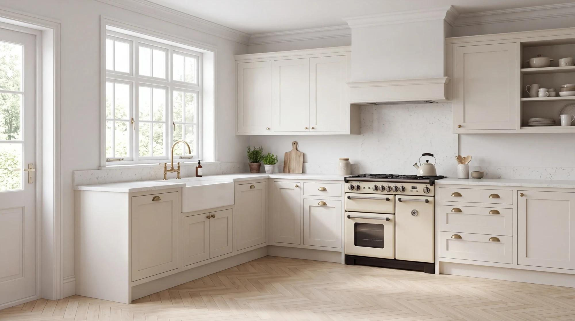 Carrara Massa l-shaped kitchen, AI-generated design concept