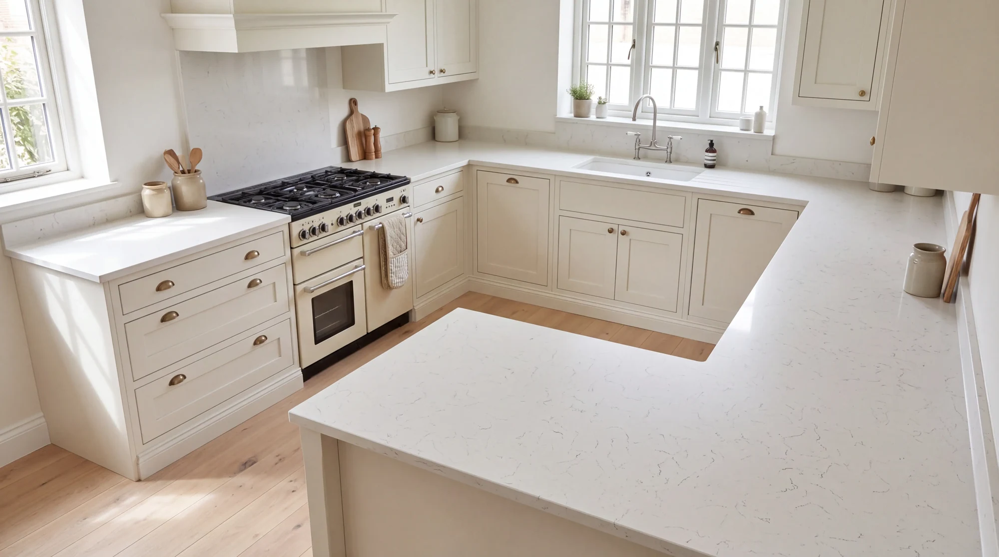 Carrara Light u-shaped kitchen, AI-generated design concept