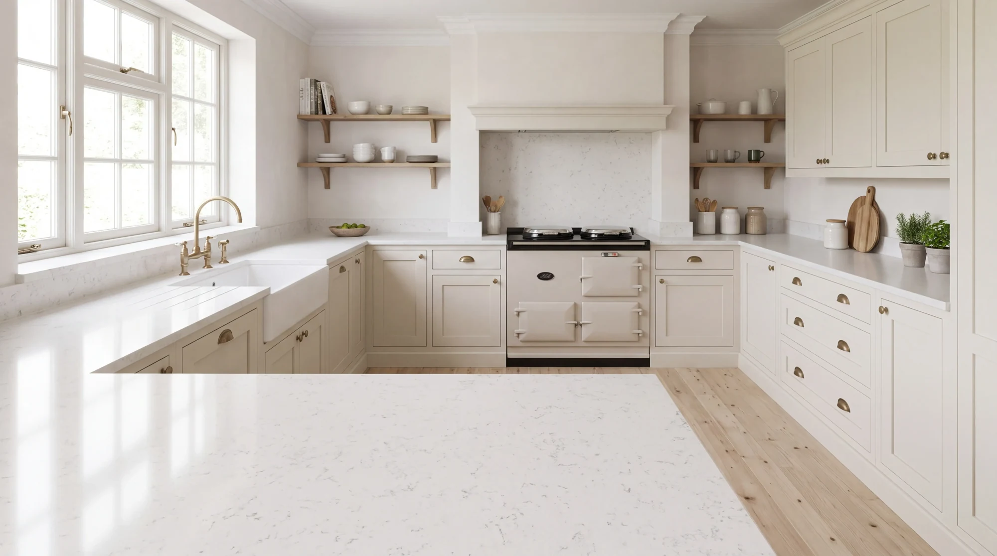 Carrara Marmi u-shaped kitchen, AI-generated design concept