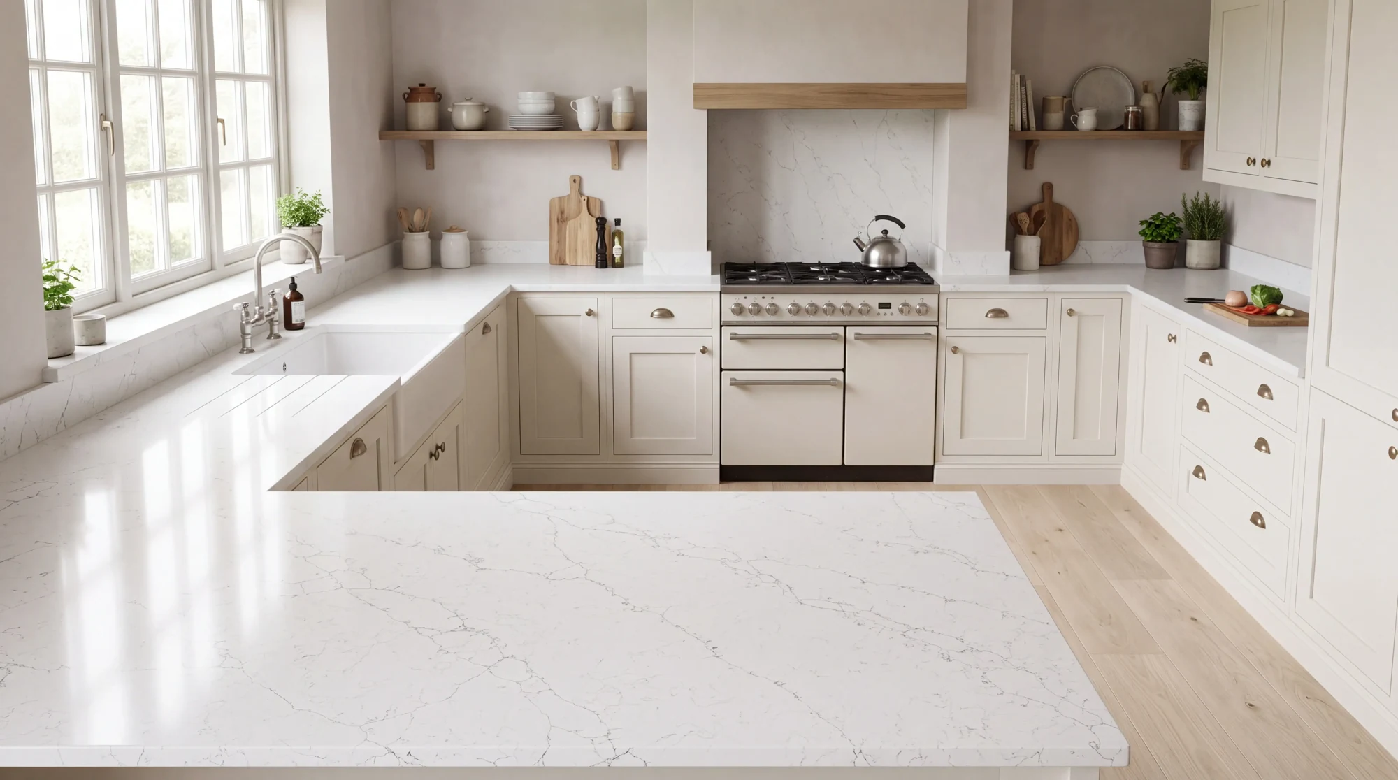 Alaska Bianca u-shaped kitchen, AI-generated design concept