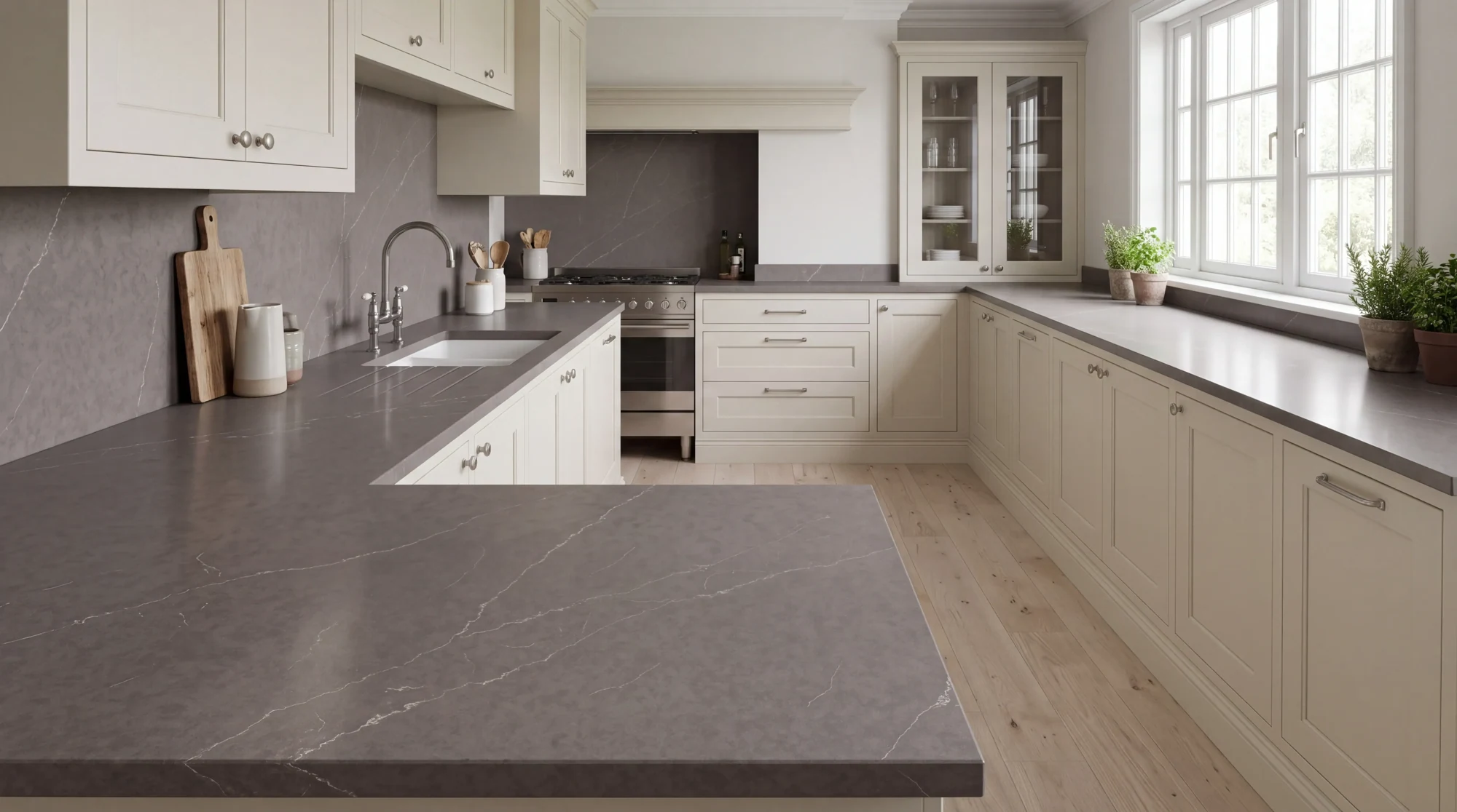 Alaska Grey u-shaped kitchen, AI-generated design concept