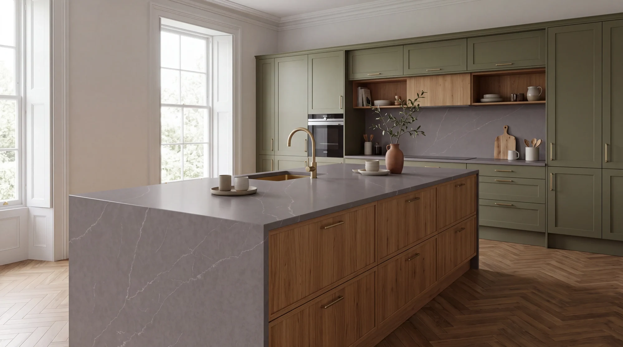 Alaska Grey kitchen island, AI-generated design concept