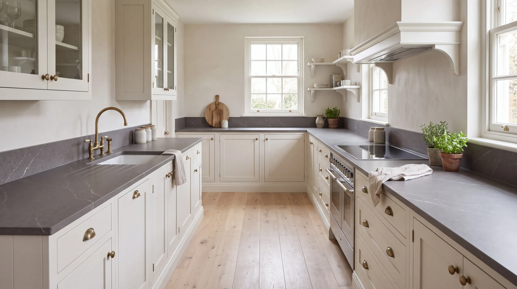 Alaska Grey l-shaped kitchen, AI-generated design concept