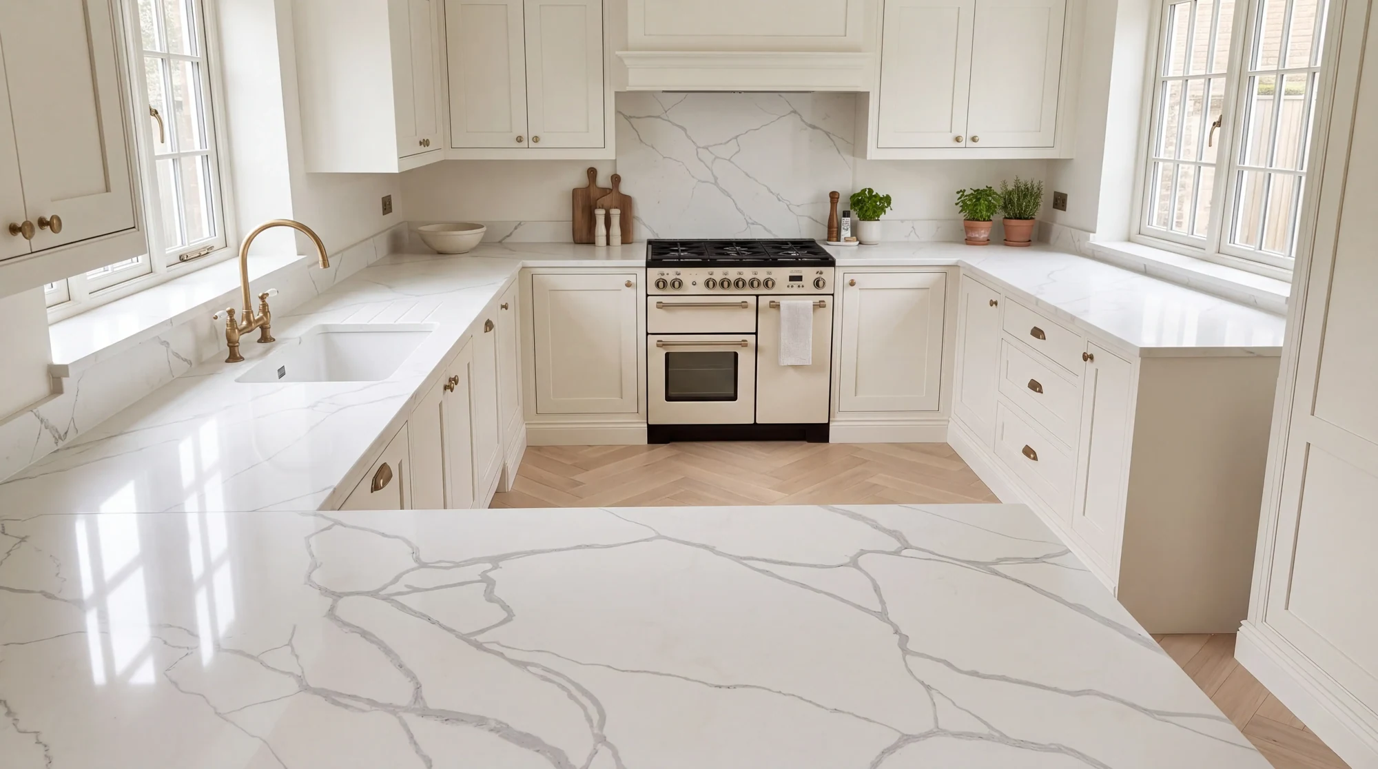 Statuario Bromio u-shaped kitchen, AI-generated design concept