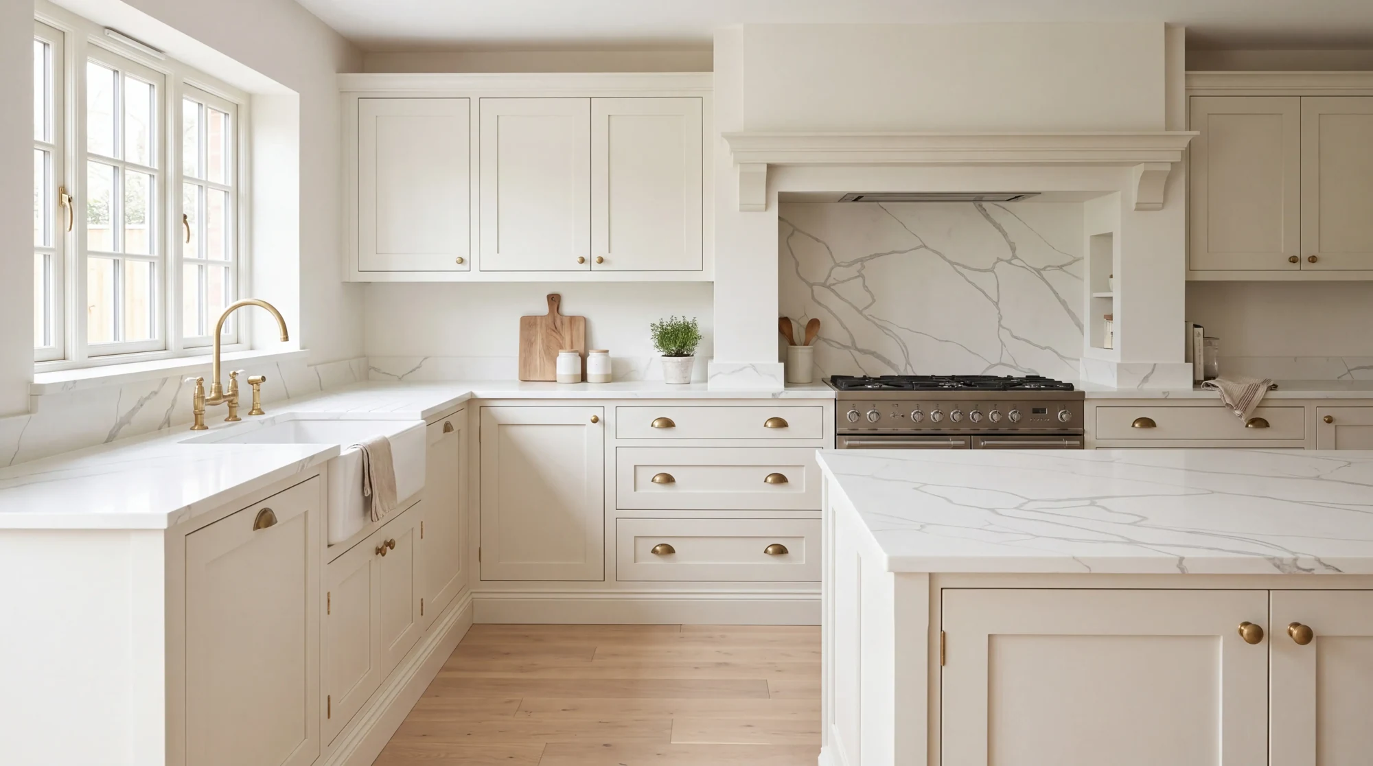 Statuario Bromio l-shaped kitchen, AI-generated design concept