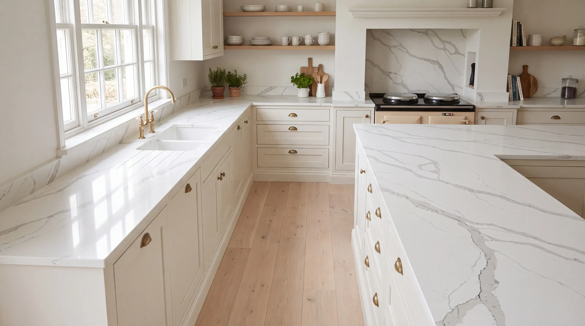 Calacatta Gris u-shaped kitchen, AI-generated design concept