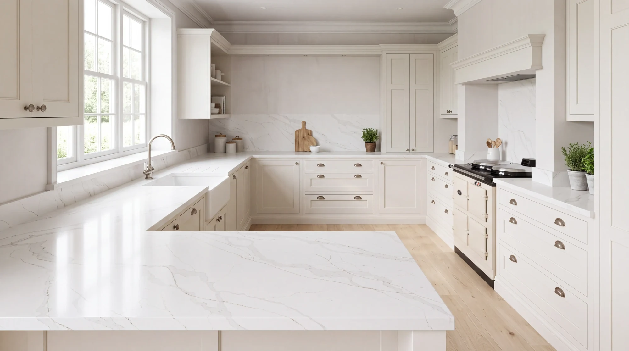 Calacatta Light u-shaped kitchen, AI-generated design concept