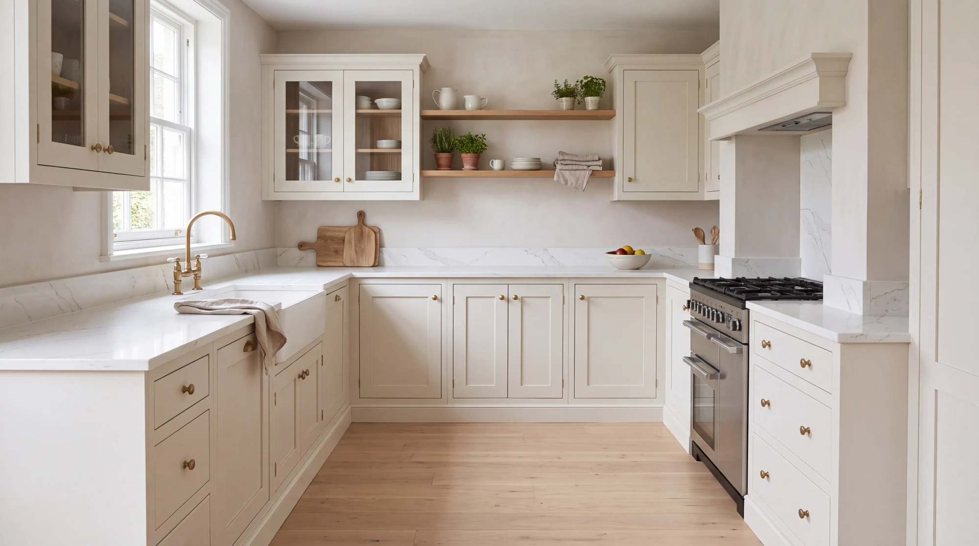 Calacatta Light l-shaped kitchen, AI-generated design concept