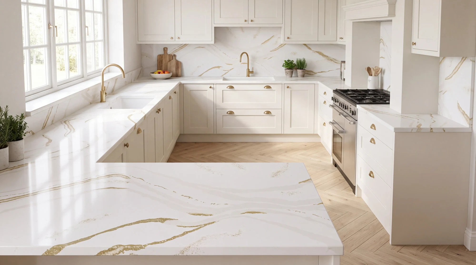 Brittanicca Gold u-shaped kitchen, AI-generated design concept