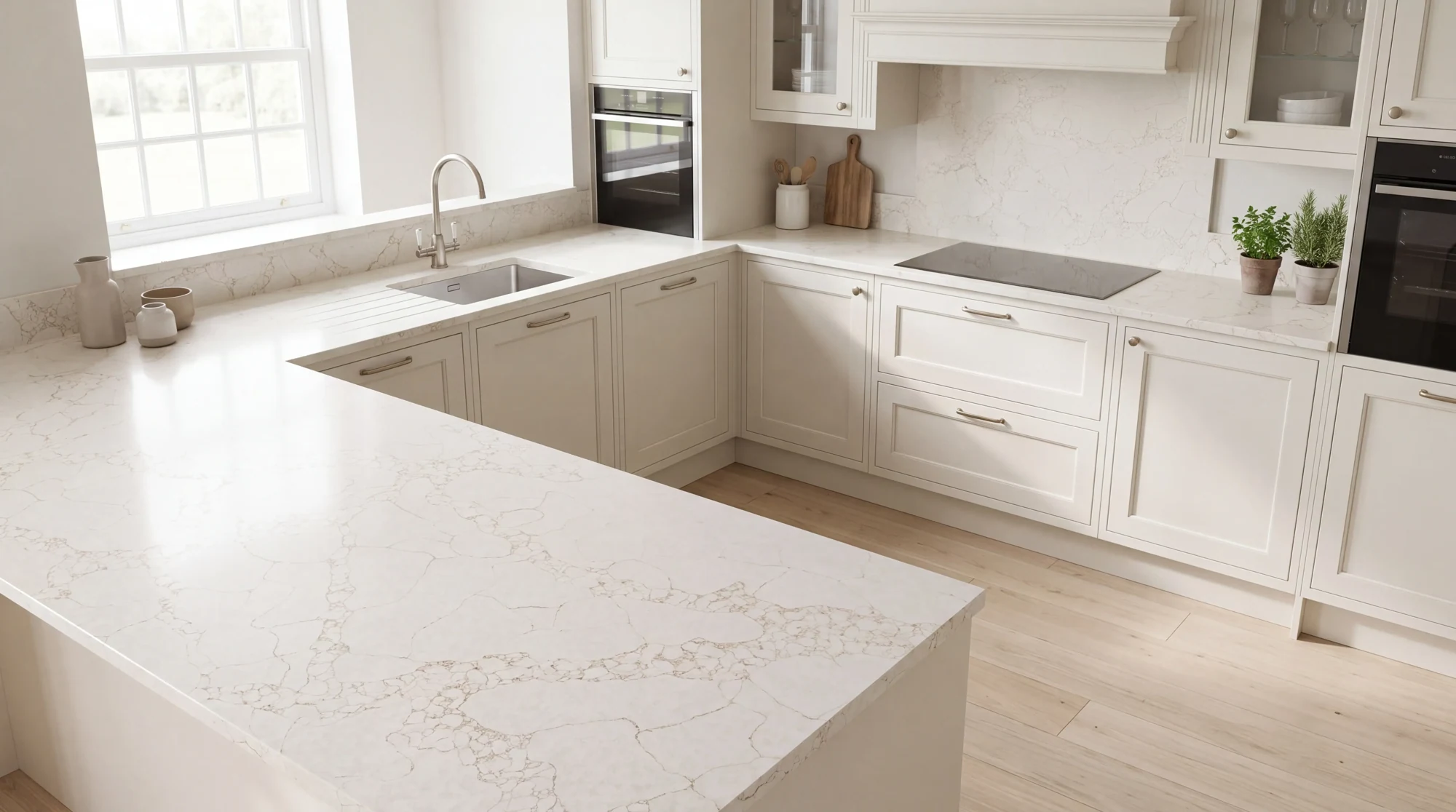 Staturio Gold u-shaped kitchen, AI-generated design concept