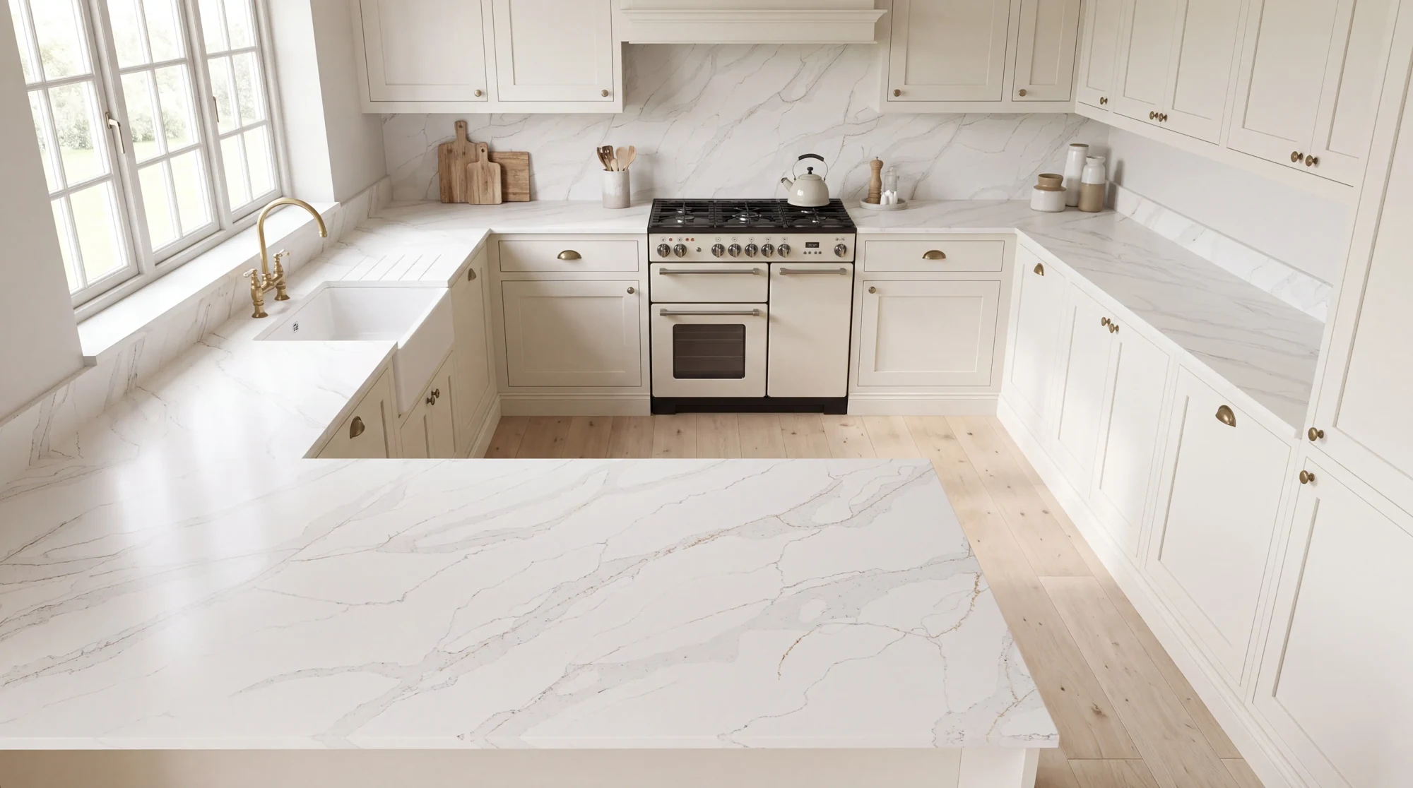Calacatta Gold u-shaped kitchen, AI-generated design concept