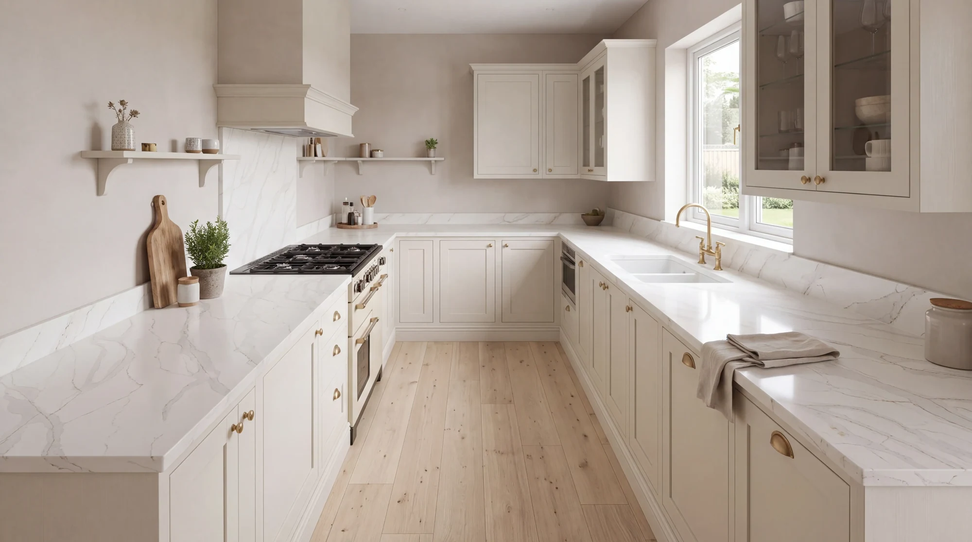 Calacatta Gold l-shaped kitchen, AI-generated design concept