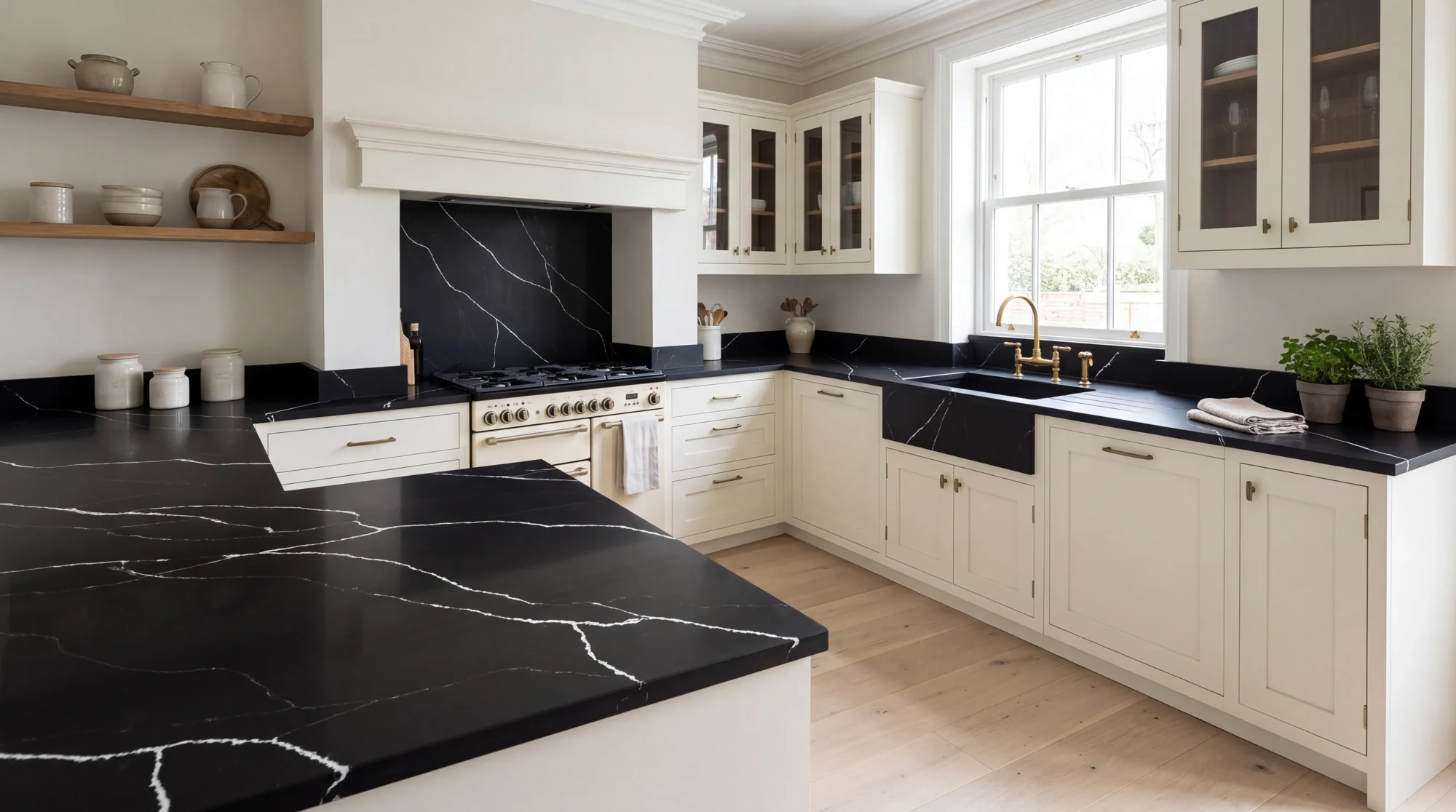 Black Marquina u-shaped kitchen, AI-generated design concept