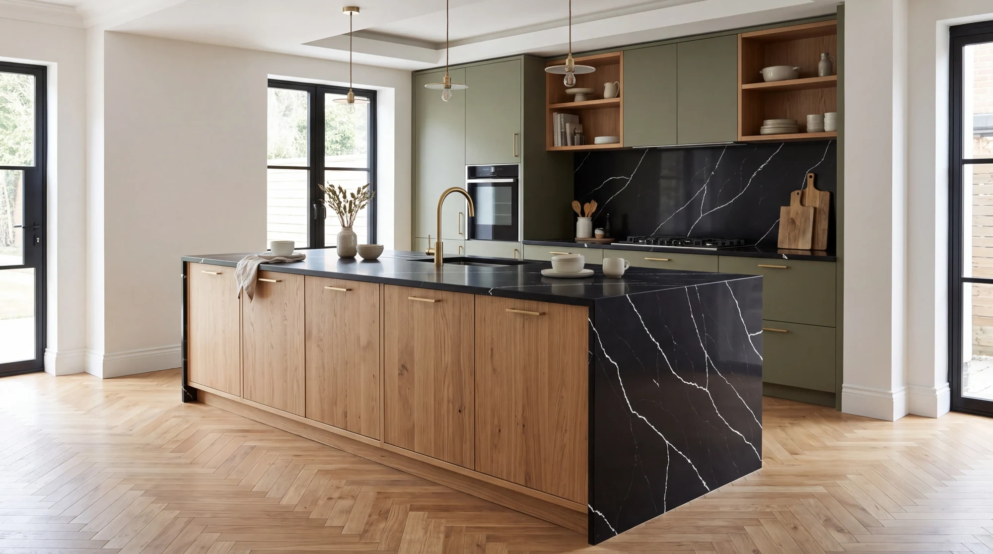 Black Marquina kitchen island, AI-generated design concept