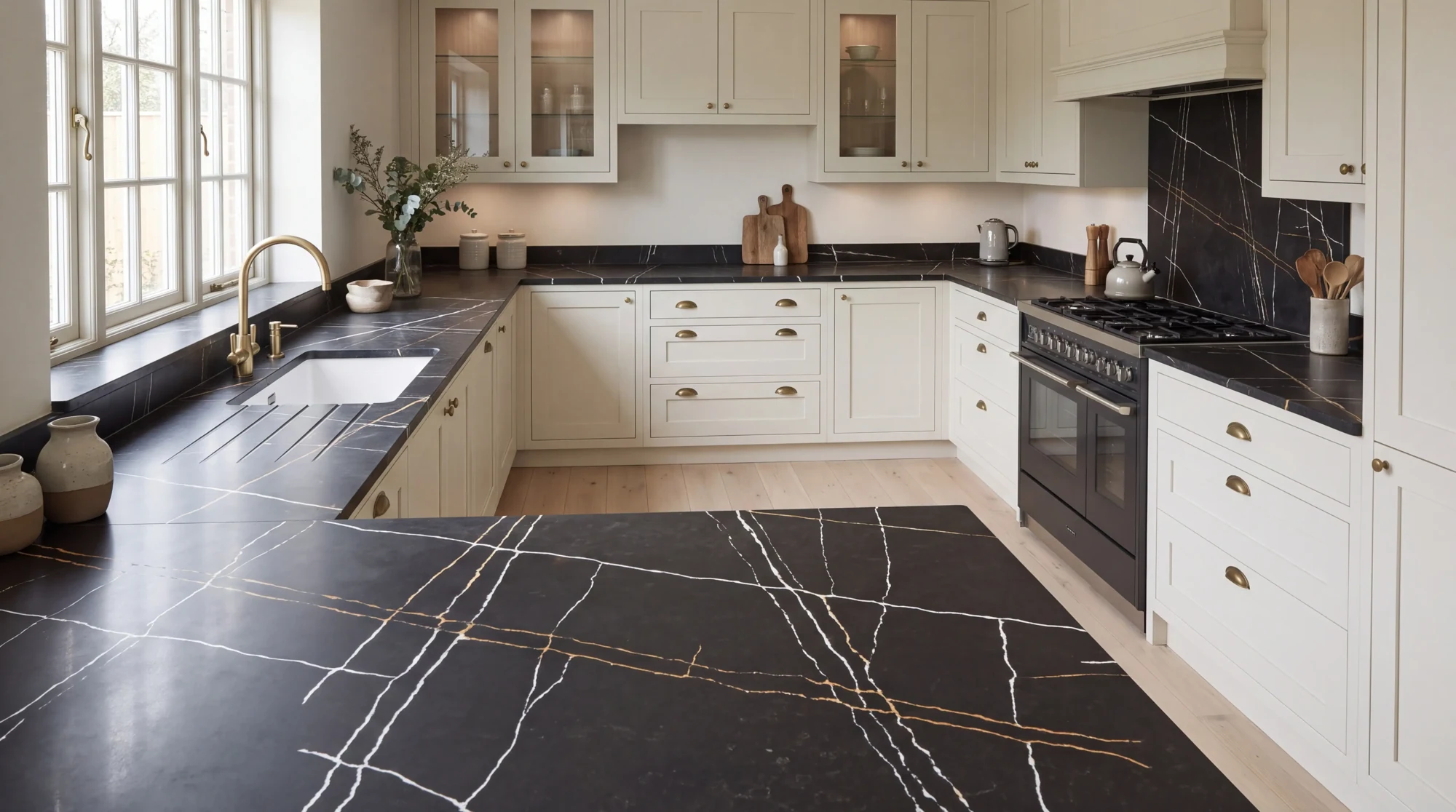 Sahara Noir u-shaped kitchen, AI-generated design concept