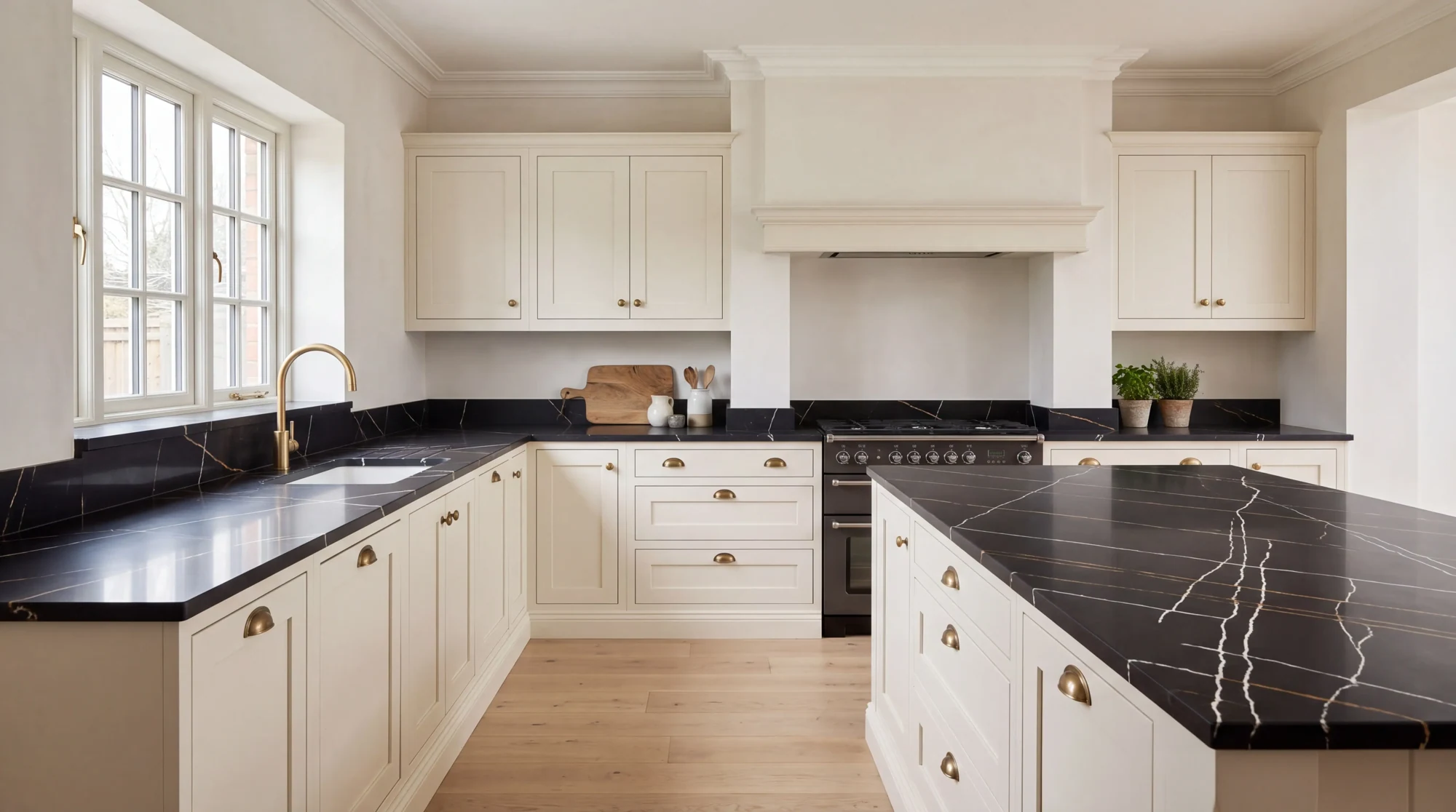 Sahara Noir l-shaped kitchen, AI-generated design concept